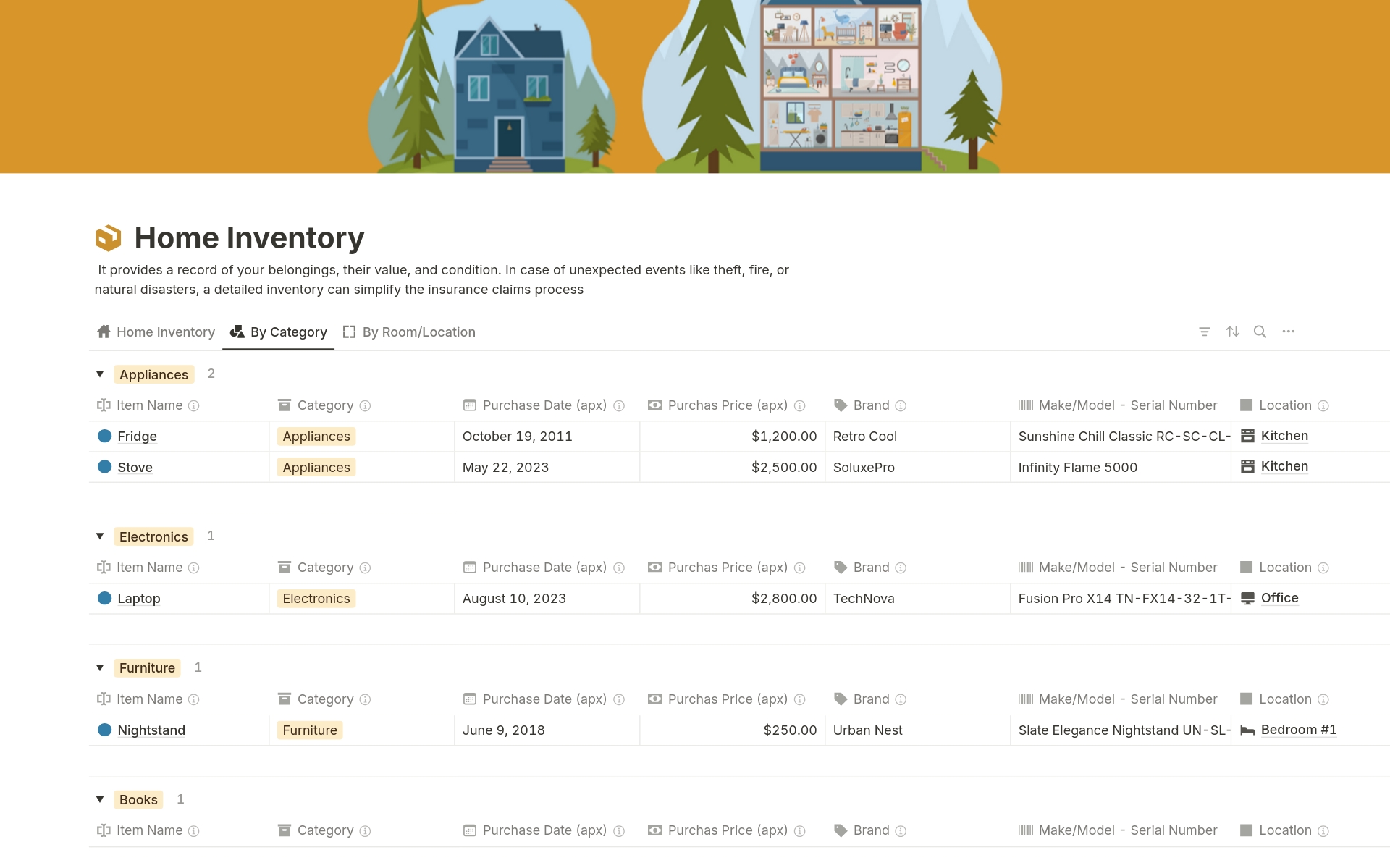 Home Safe Inventory Template: Document your home's items with ease! Track names, categories, brands, serial numbers, locations, purchase details, and attach photos and receipts. Quickly add and filter items by category and room. Stay organized and prepared effortlessly.
