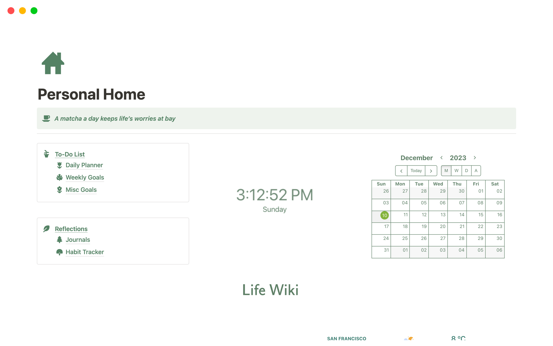 En forhåndsvisning av mal for Simple Green Personal Home Dashboard