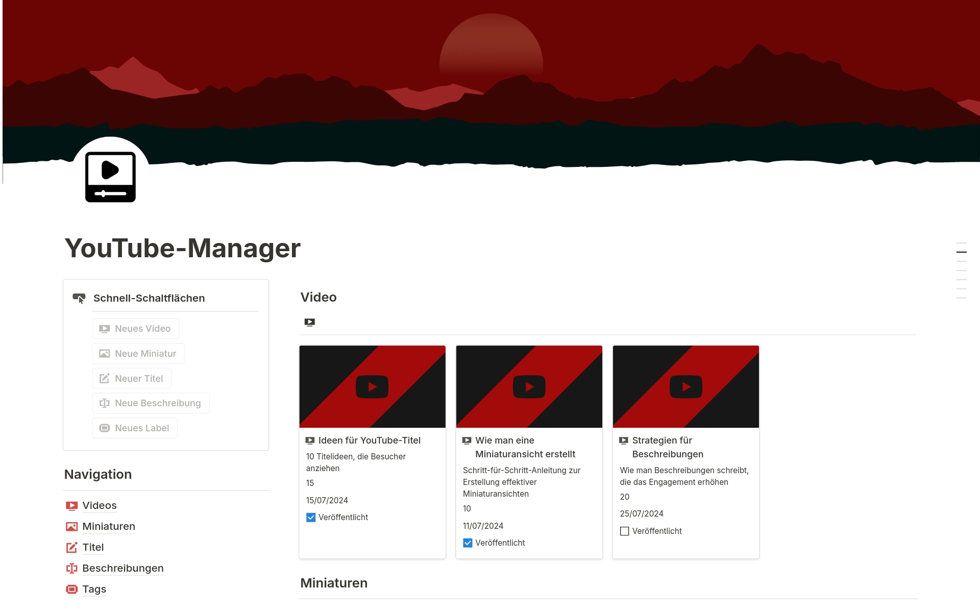 Vista previa de una plantilla para YouTube-Manager
