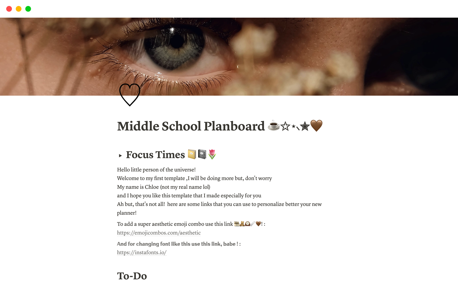En forhåndsvisning av mal for Middle School Planboard