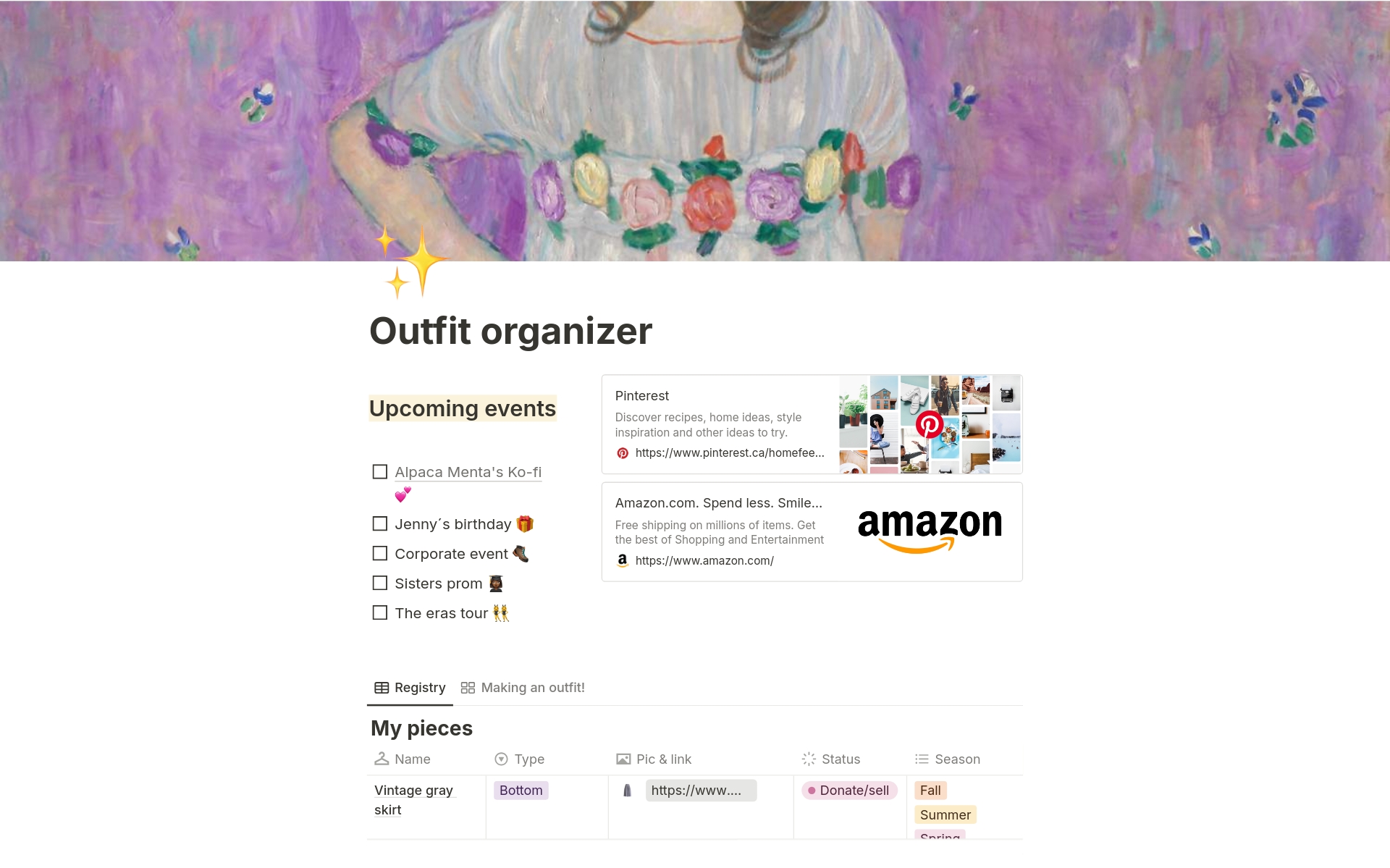 En förhandsgranskning av mallen för Outfit organizer