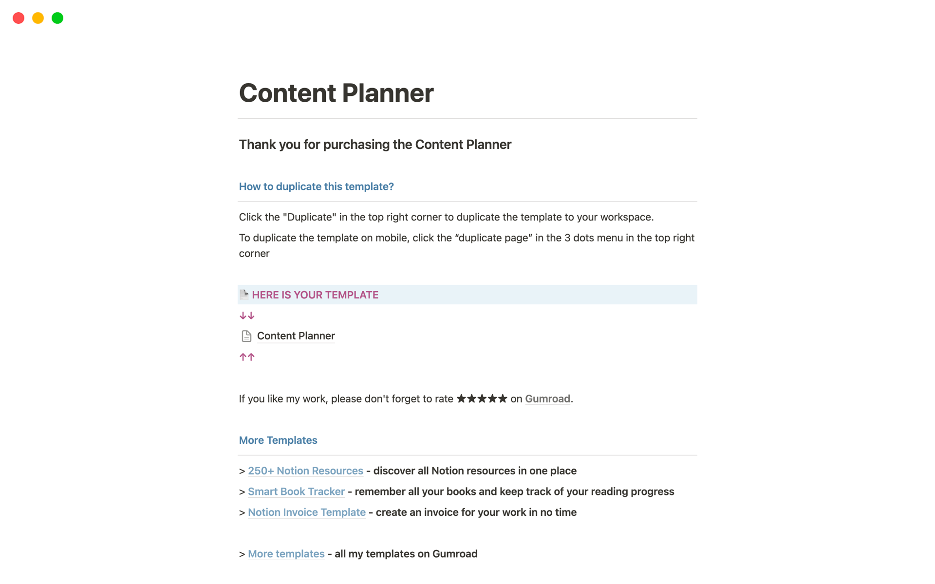 En forhåndsvisning av mal for Content Planner