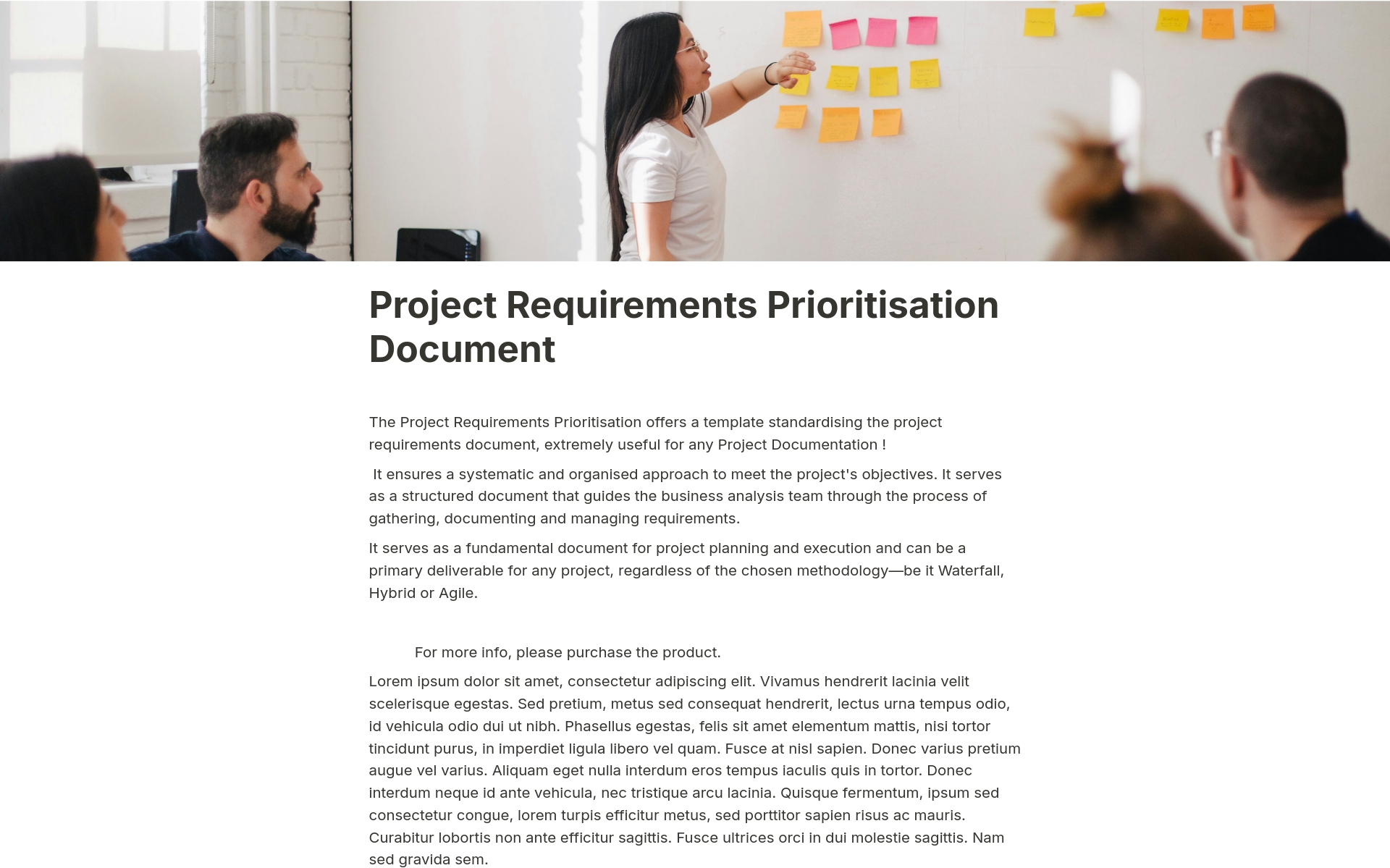 En forhåndsvisning av mal for Project Requirements Prioritisation Document