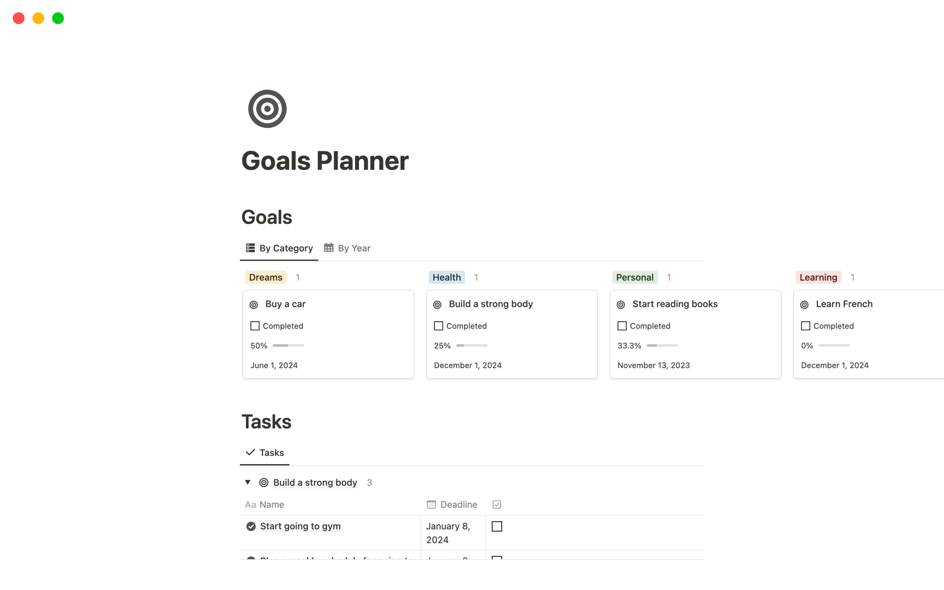En forhåndsvisning av mal for Goals Planner