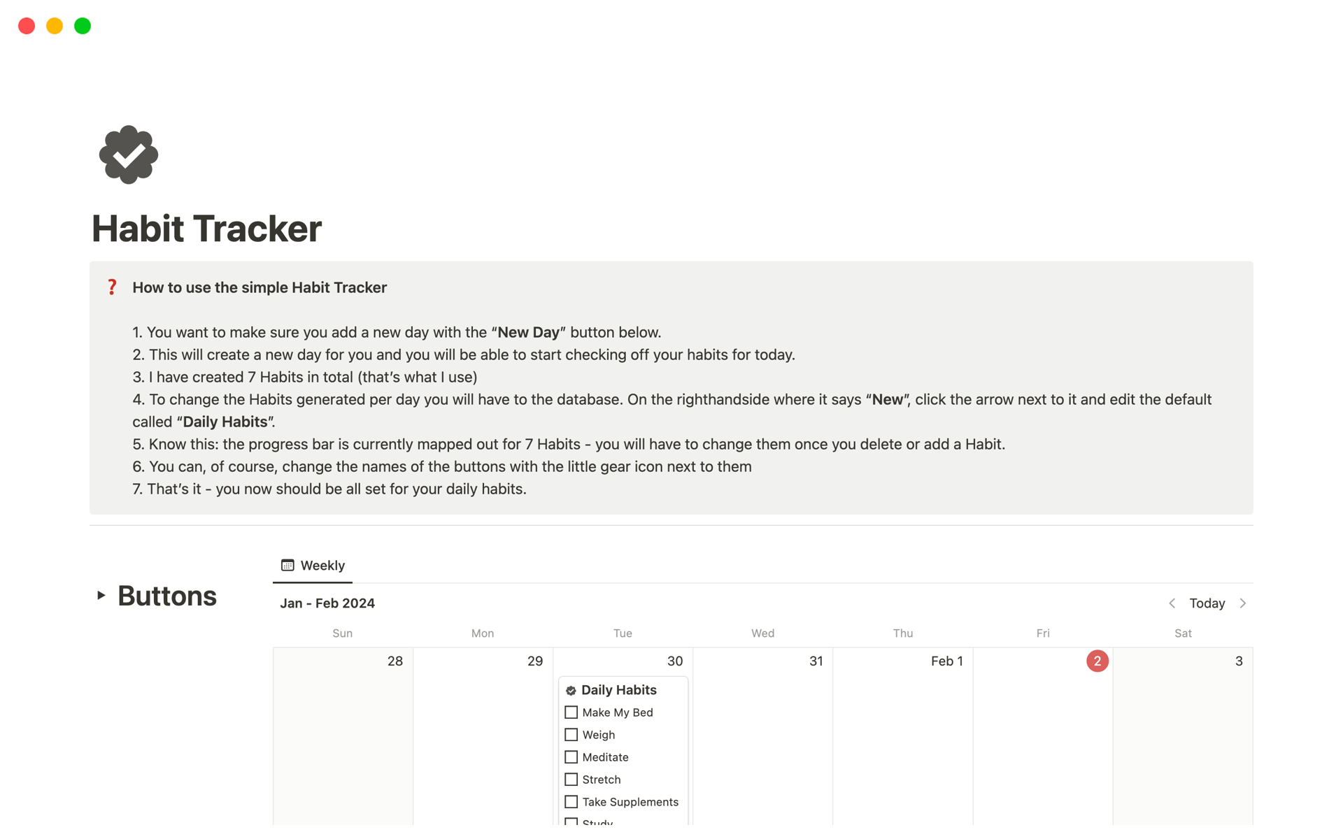 Vista previa de una plantilla para Habit Tracker 