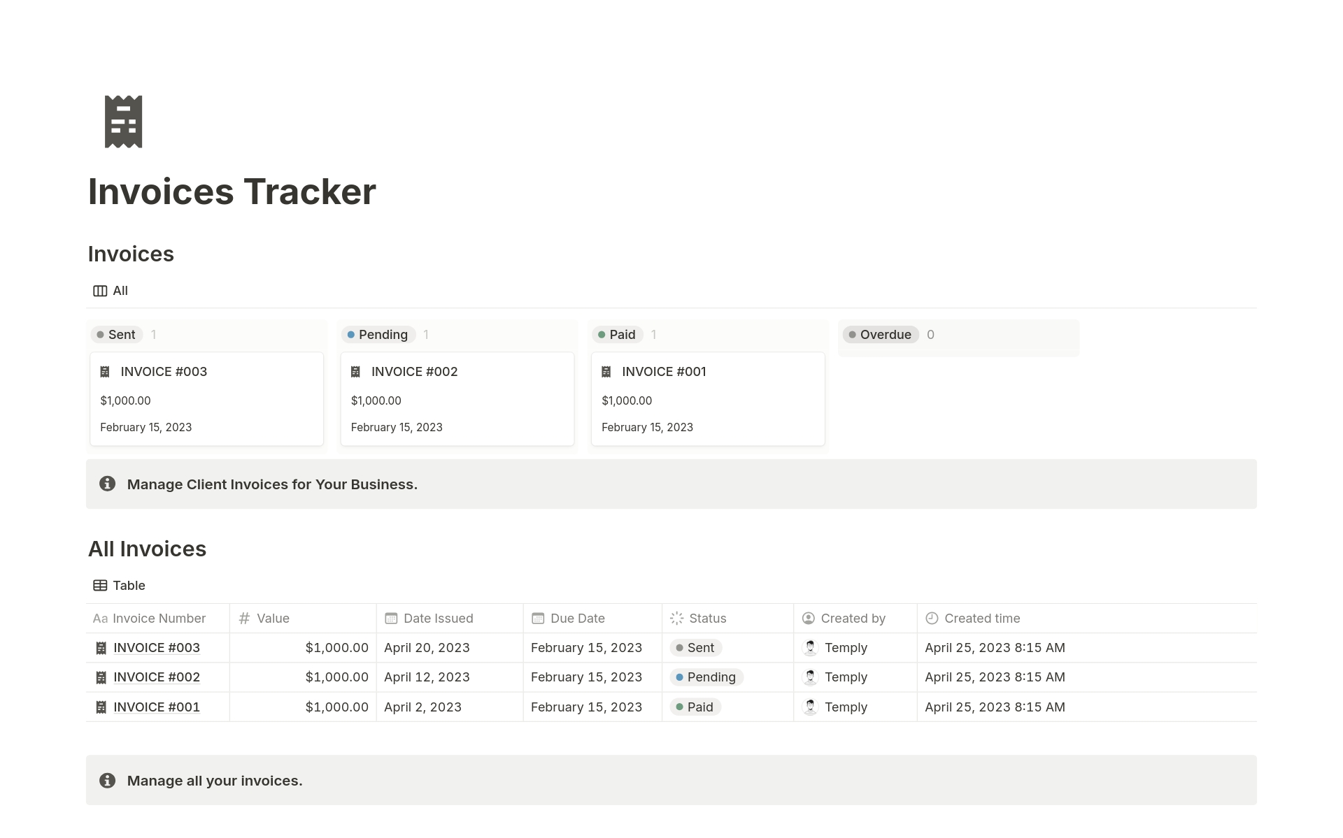 Mallin esikatselu nimelle Invoices Tracker