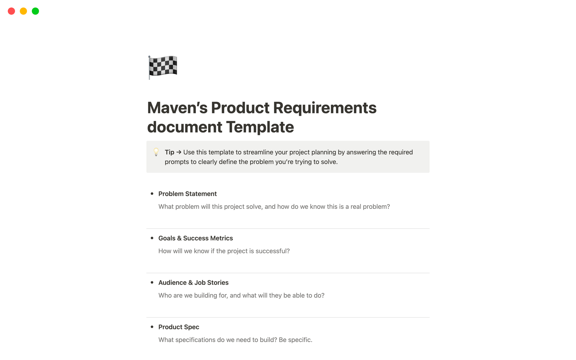 En förhandsgranskning av mallen för Product Requirements Document