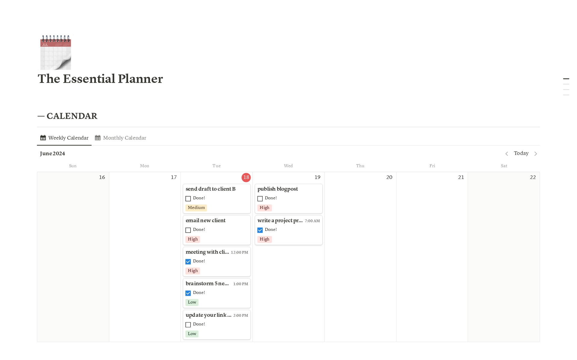 Vista previa de una plantilla para The Essential Task Planner & Scheduler