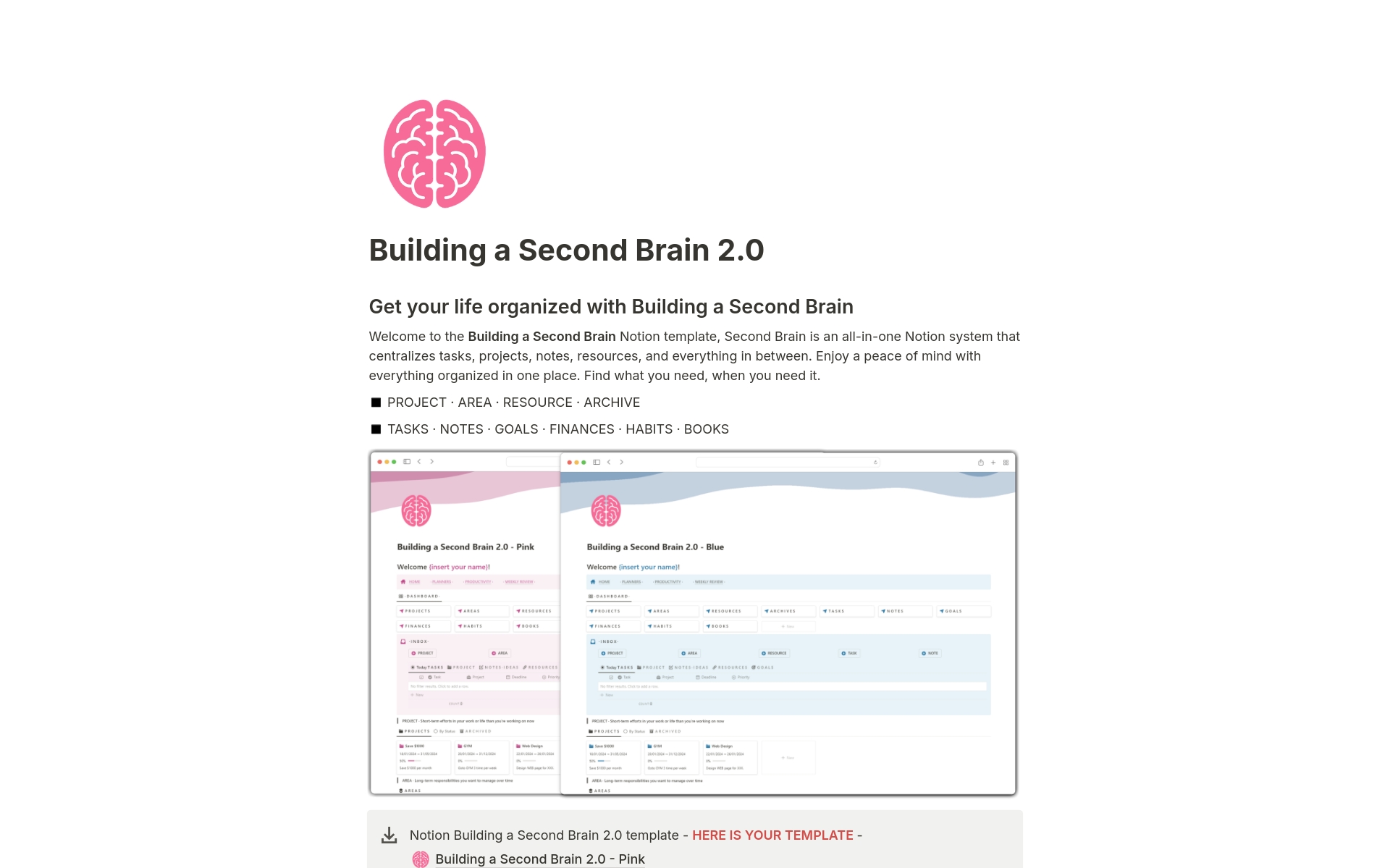 En forhåndsvisning av mal for Building a Second Brain 2.0