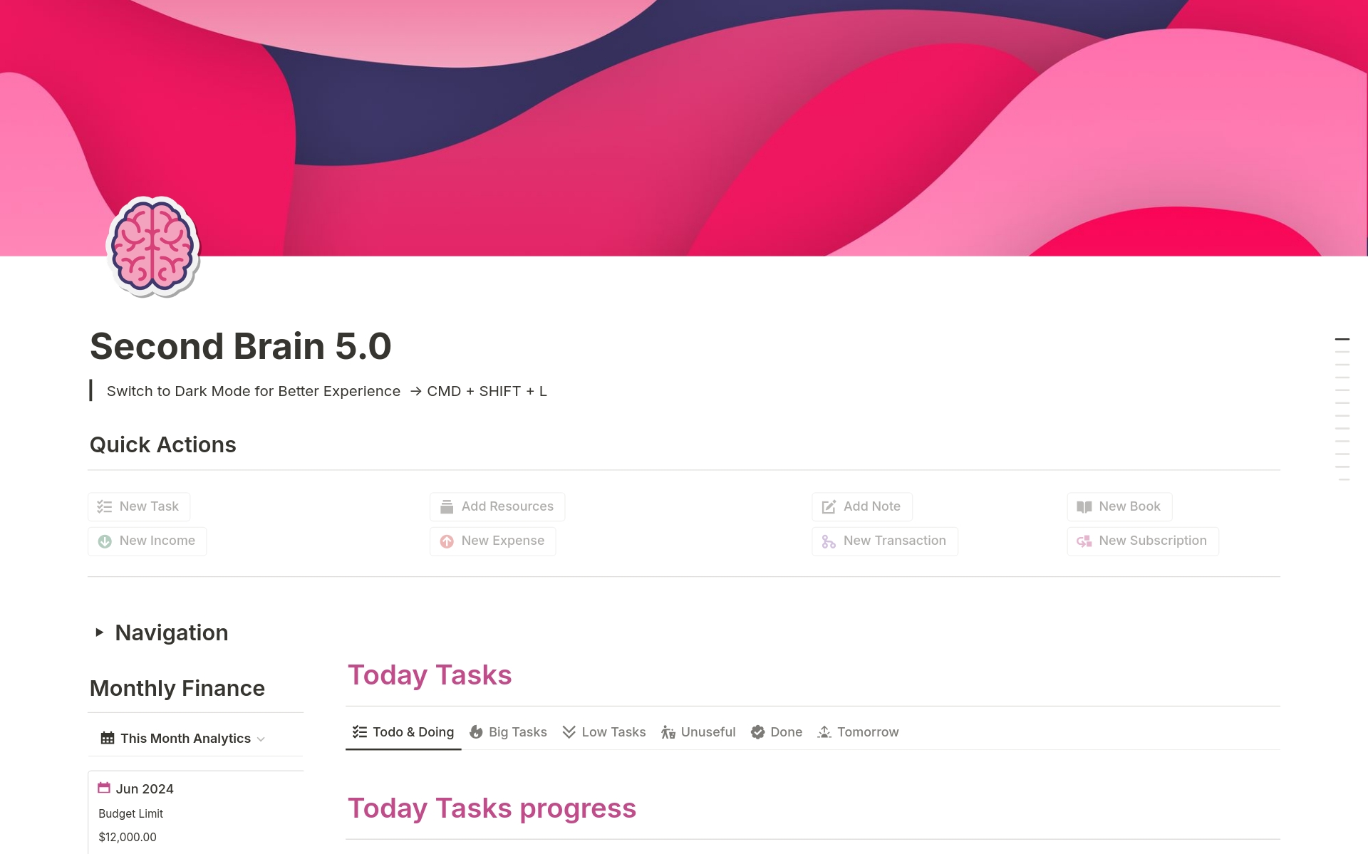A template preview for Second Brain 5.0