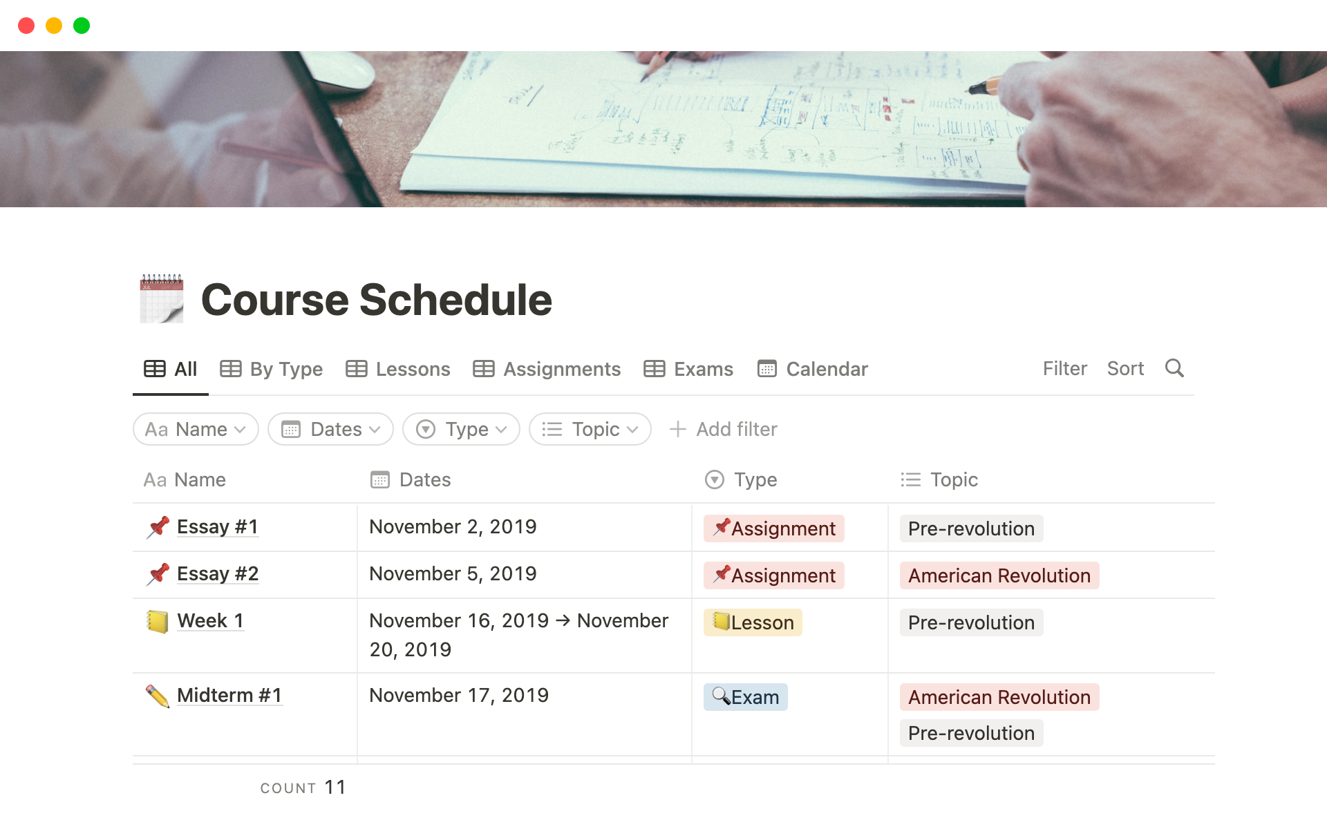 En förhandsgranskning av mallen för Course Schedule