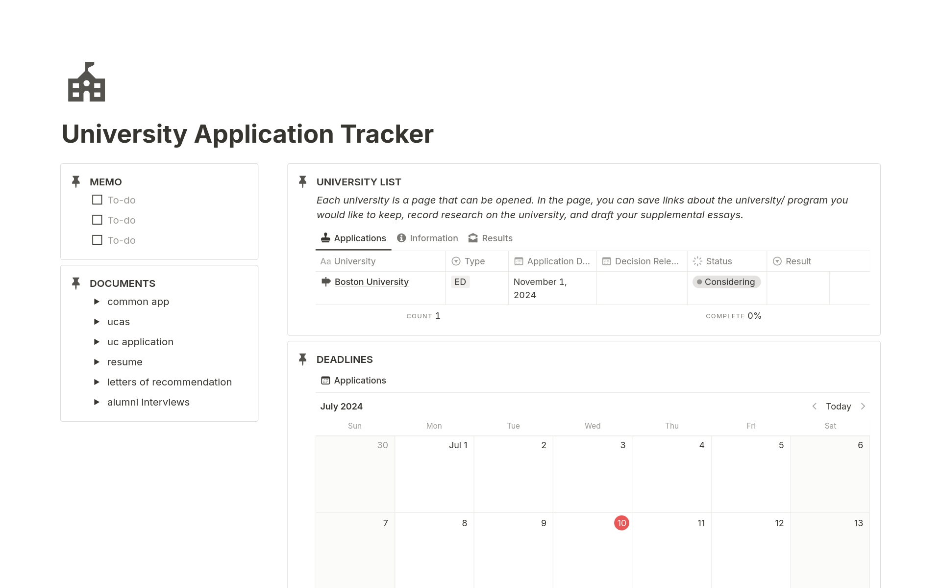 Introducing the ultimate template for university applications. Track progress, store essay drafts, manage extracurriculars, and organize documents --- all in one place. It offers a centralized hub for organizing all the crucial aspects of applying to university!