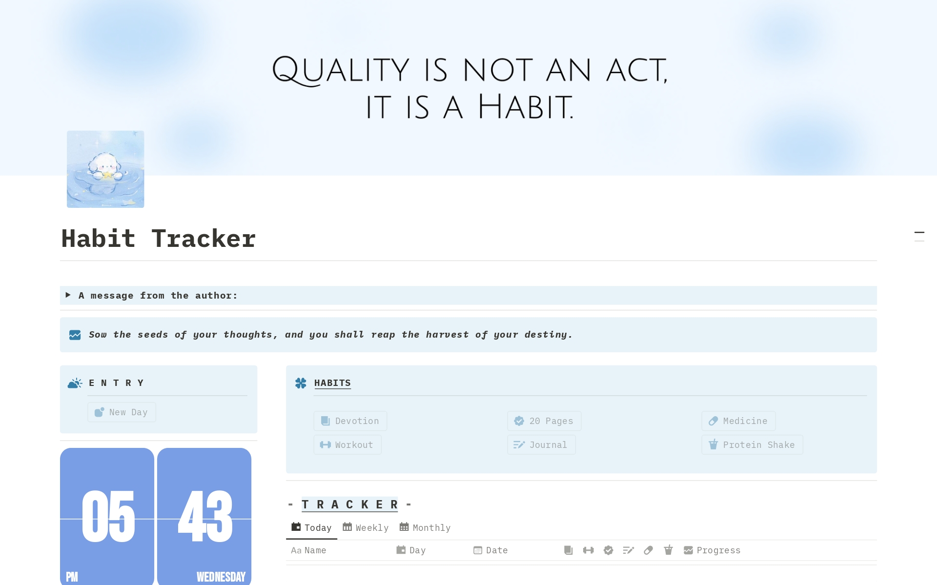 Track your habits and stay on track with this easy-to-use and customizable Notion template.
This template includes:
A variety of pre-made habit trackers to fit your needs
The ability to customize trackers to track any habit you want
A progress tracker to see how you'r doing over 