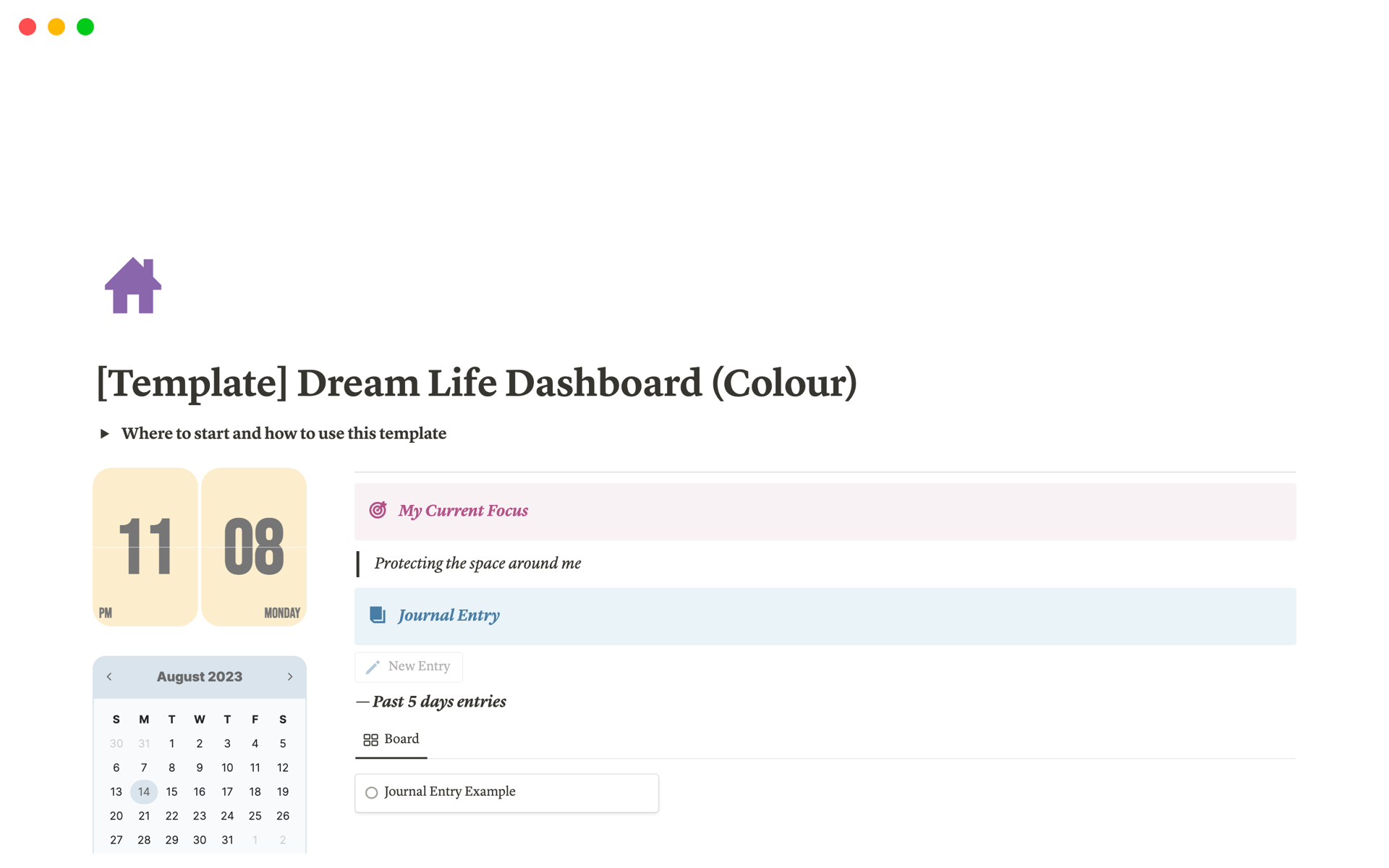 En förhandsgranskning av mallen för Dream Life Planner & Digital Journal Dashboard