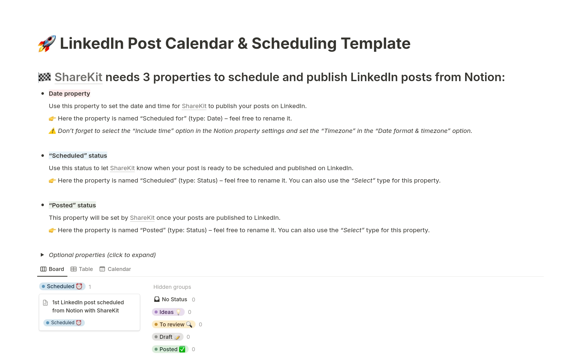 Uma prévia do modelo para LinkedIn Post Calendar