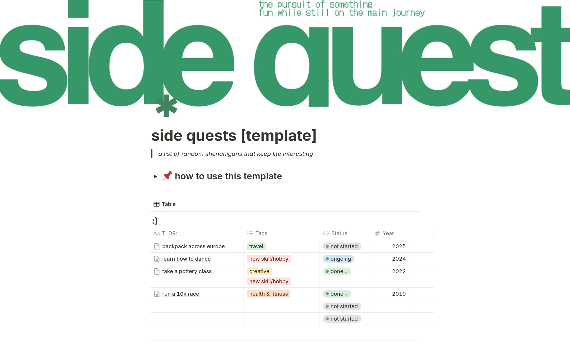 A template preview for side quest tracker