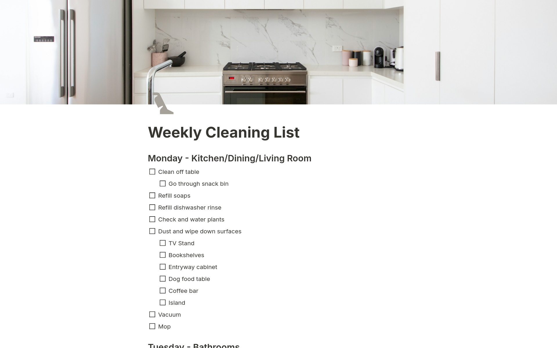 A weekly cleaning list template of to-dos broken down by day and room.