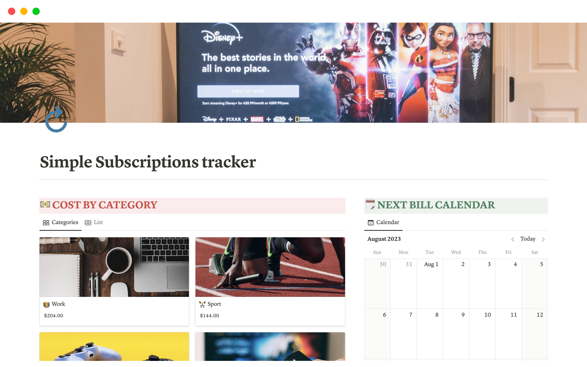 Vista previa de plantilla para Simple Subscriptions Tracker