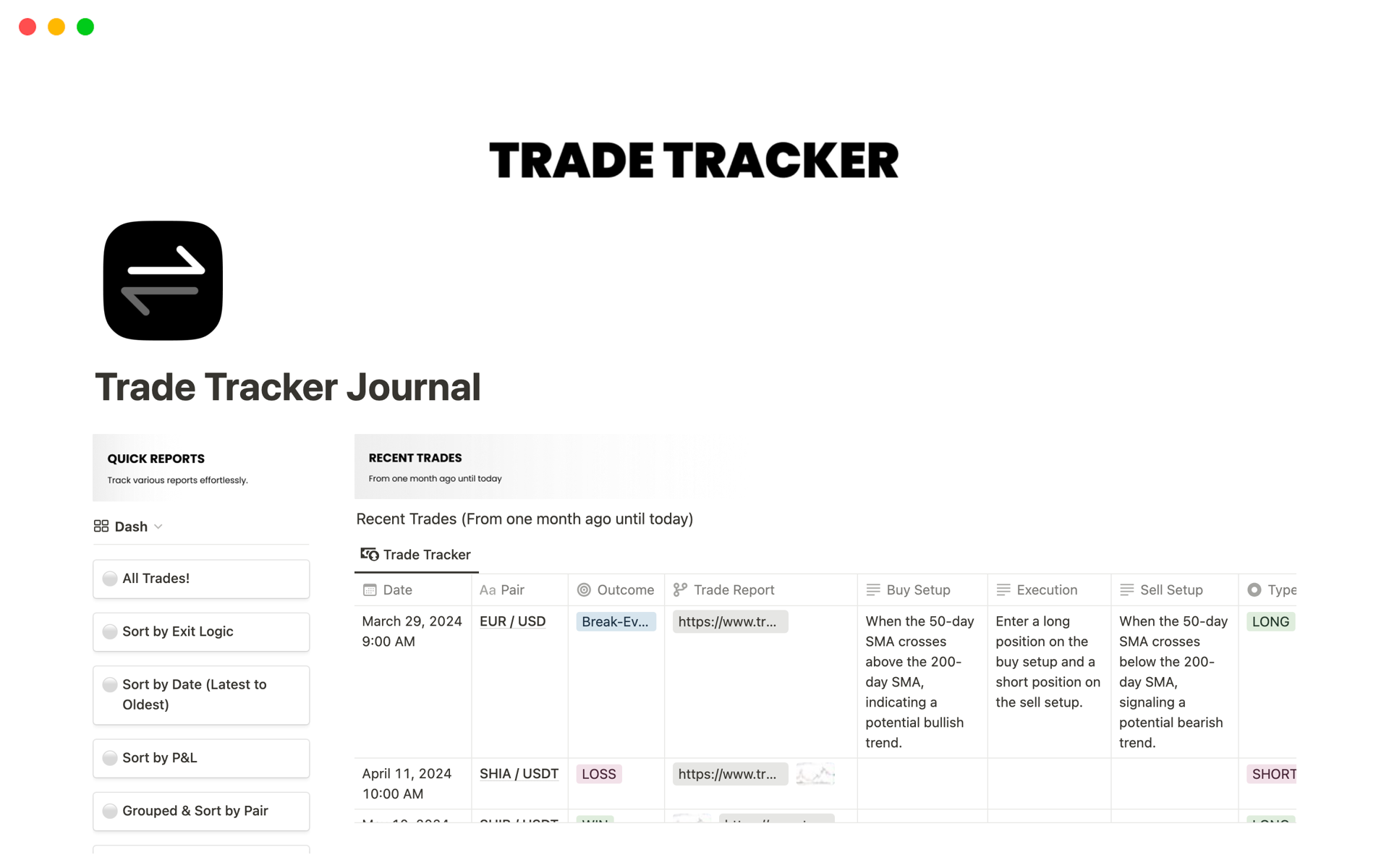 En förhandsgranskning av mallen för Trade Tracker Journal (Trading)