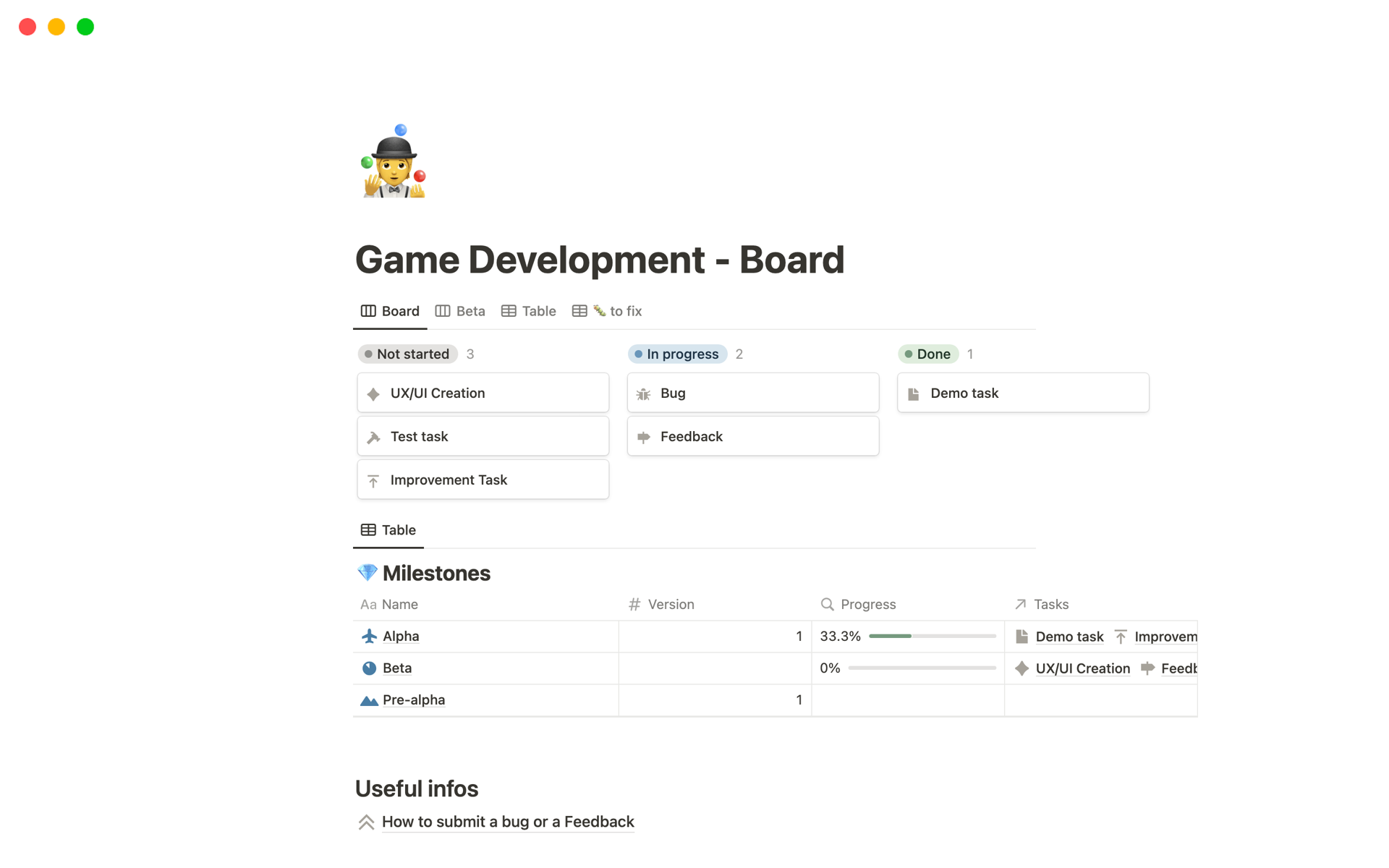 En forhåndsvisning av mal for Game Development Board