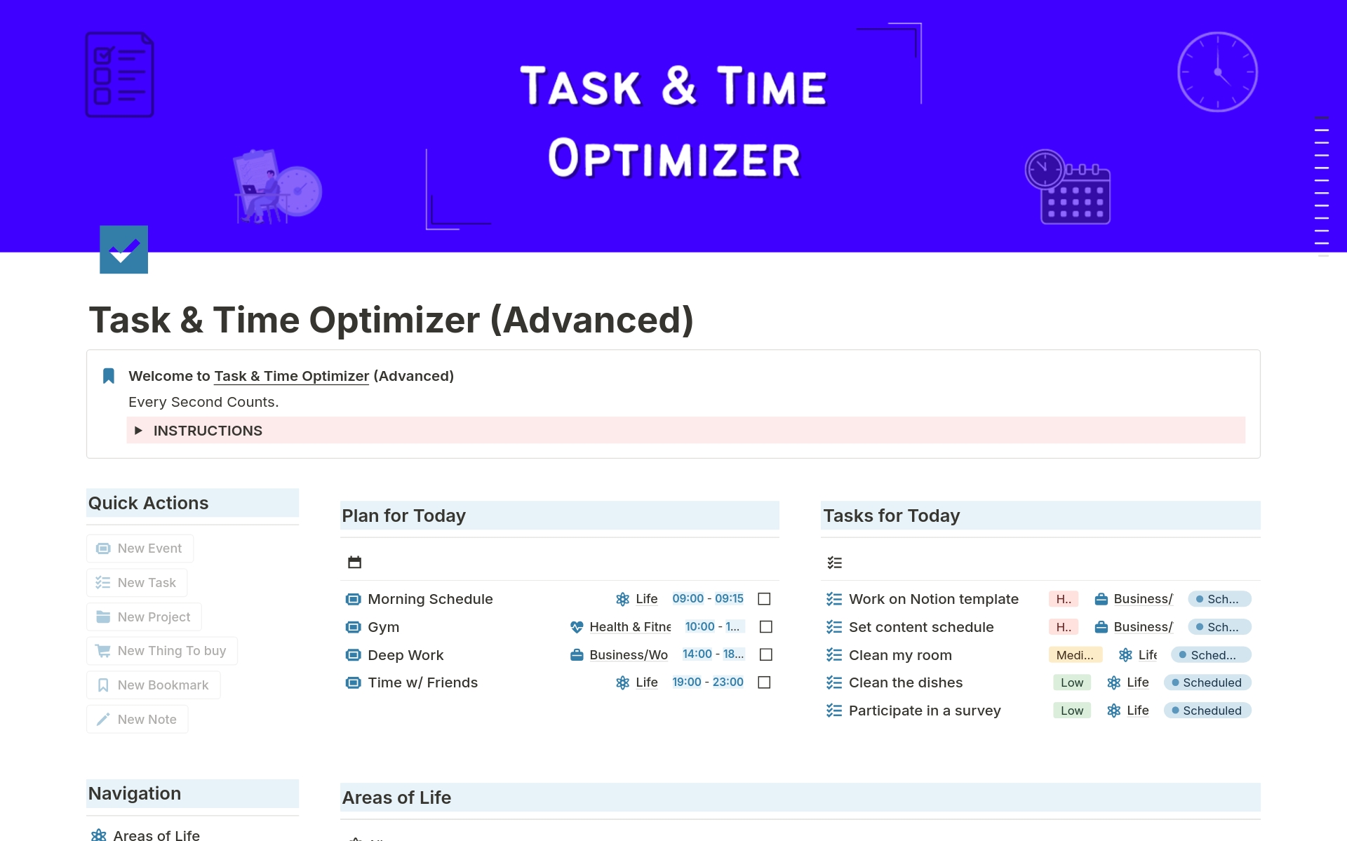 En forhåndsvisning av mal for Task & Time Optimizer