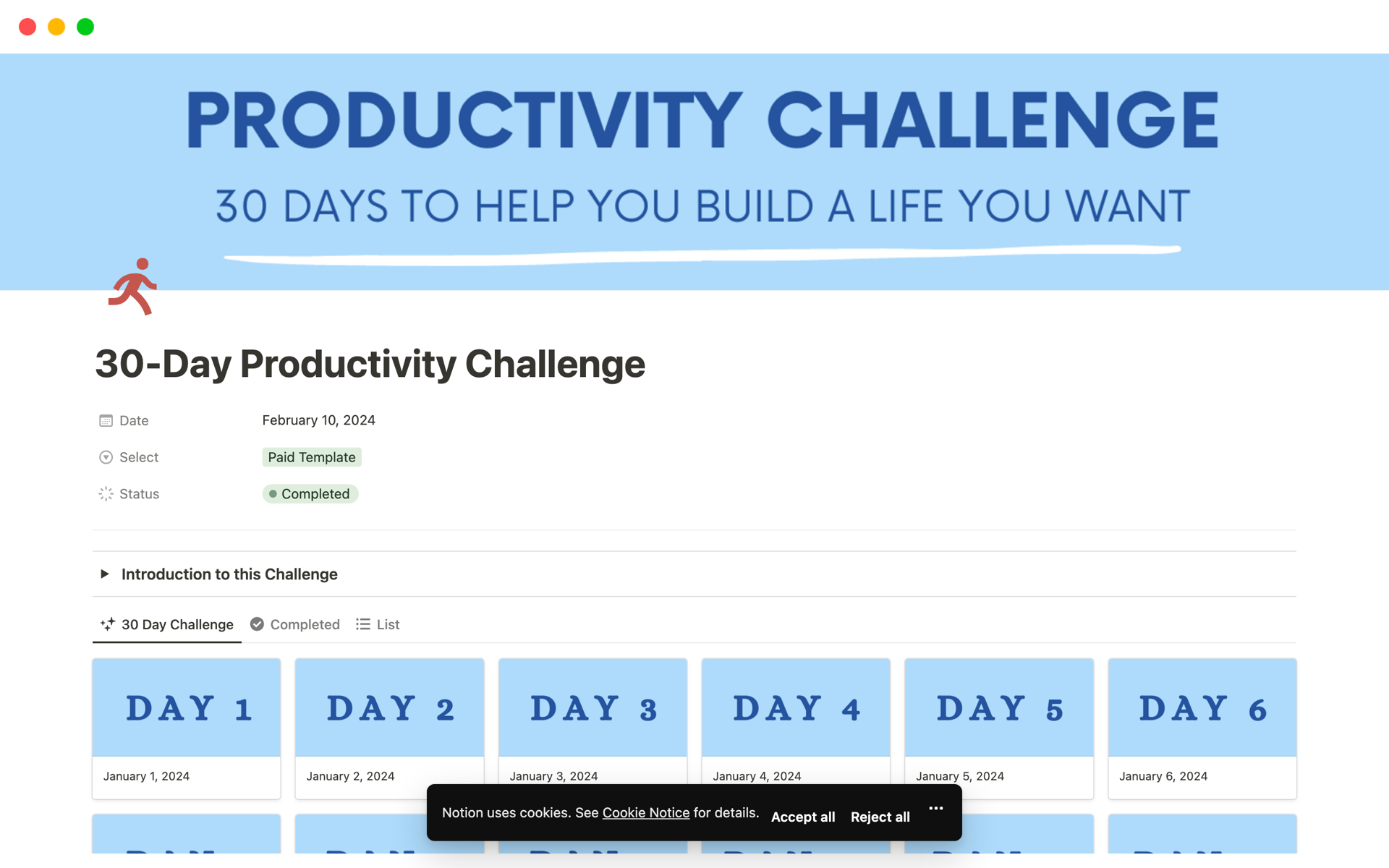 A template preview for Productivity Challenge - 30 Days