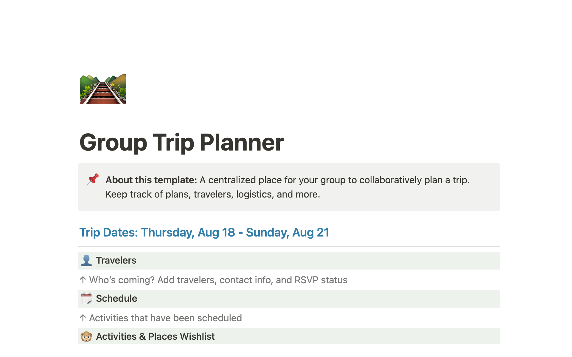 Vista previa de plantilla para Group trip planner