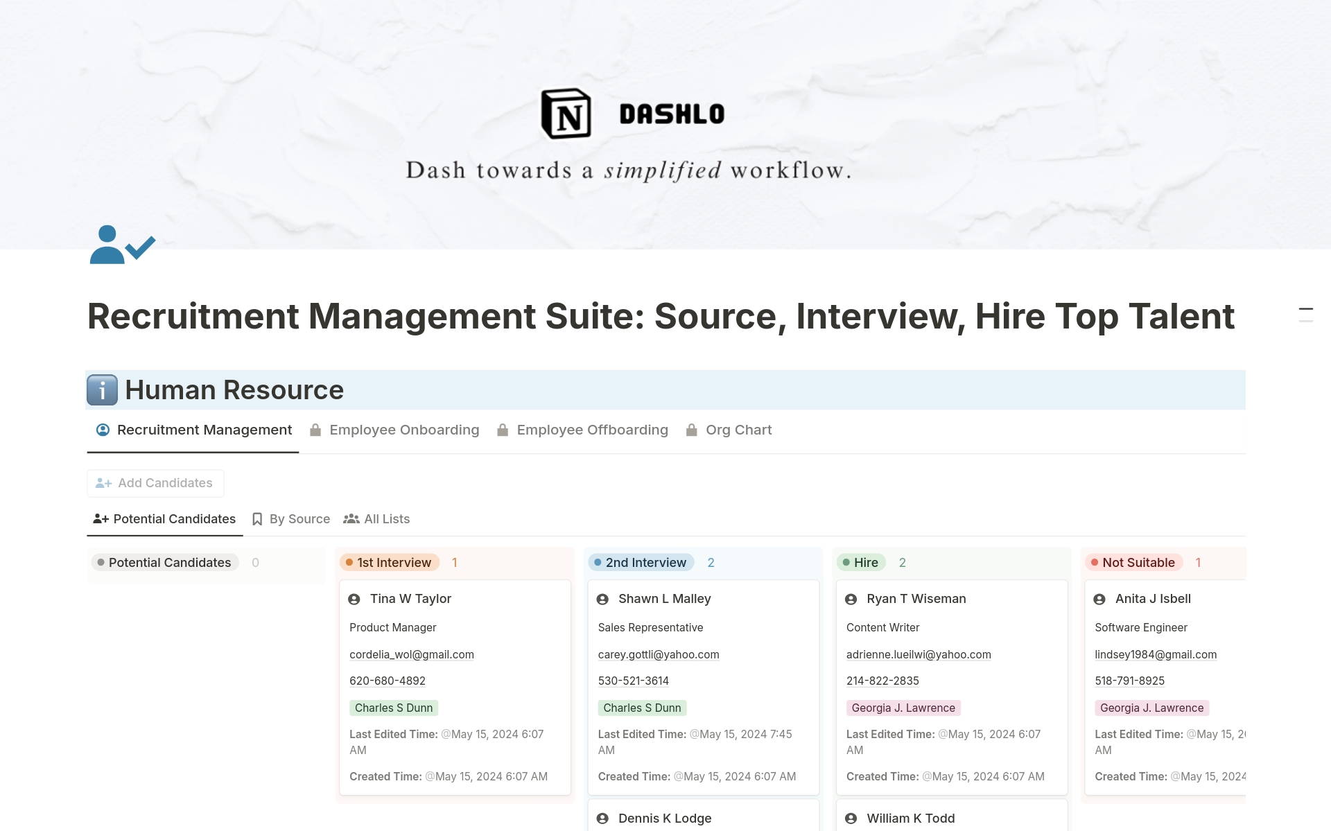 Uma prévia do modelo para Recruitment Management Suite