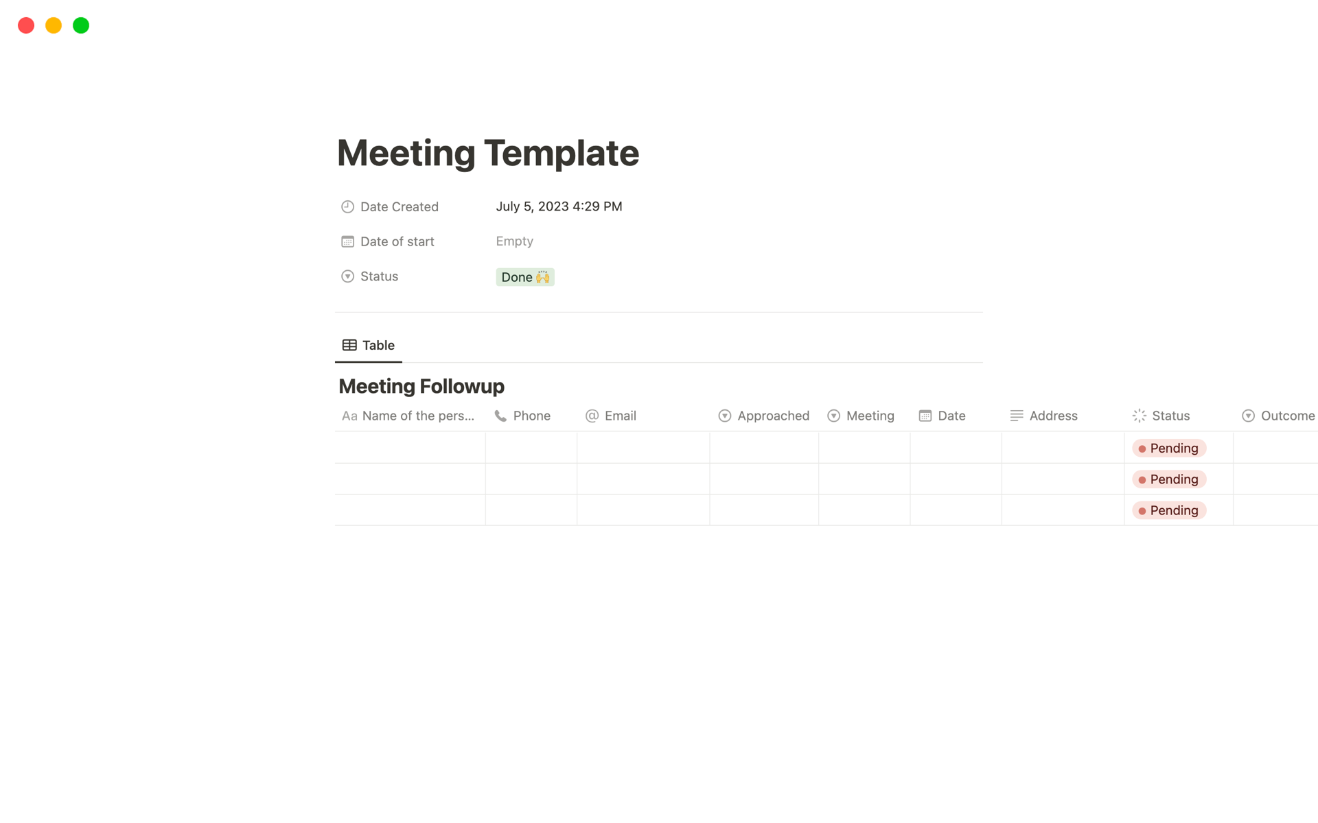 En förhandsgranskning av mallen för Meeting Tracker