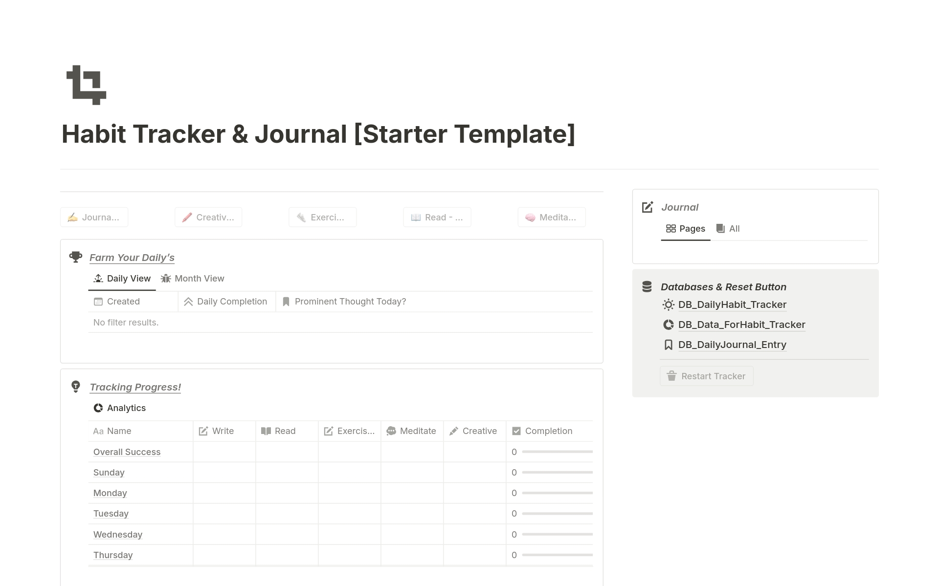 FREE Notion template: Set, track, and analyze your goals. Gain insights into daily habits, reflect with a dedicated journal section, and stay motivated on your journey to success. Download now from Notion.