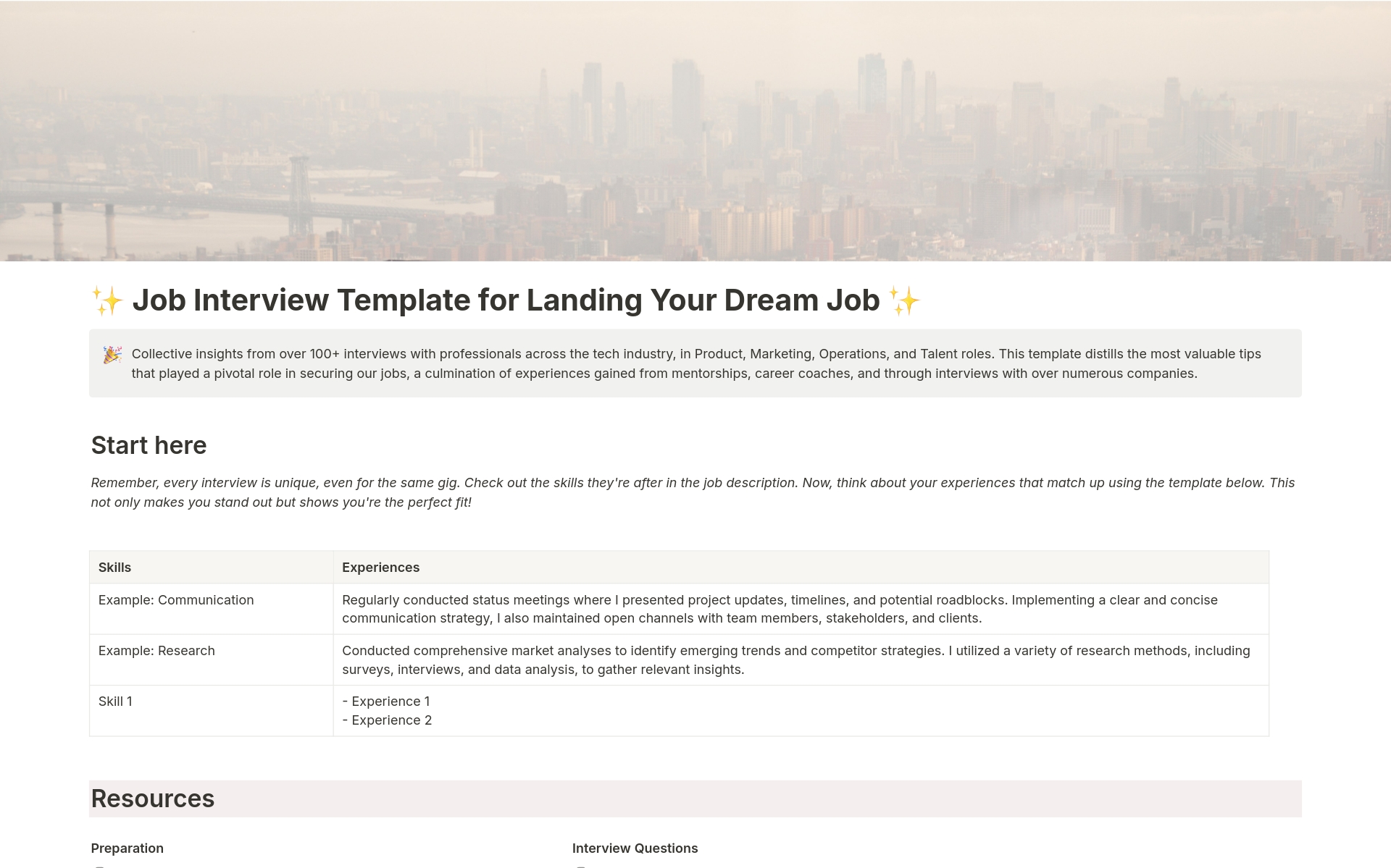 Vista previa de una plantilla para Job Interview Questions Database
