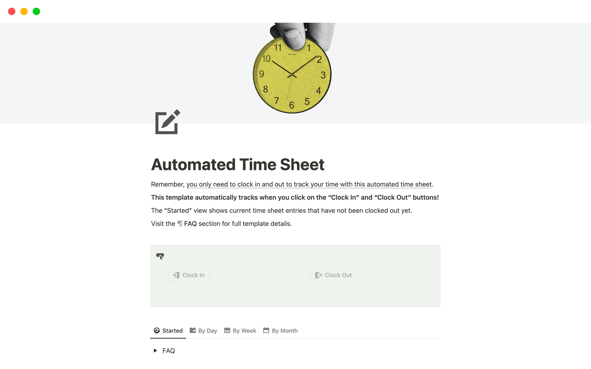 En förhandsgranskning av mallen för Automated Basic Time Sheet