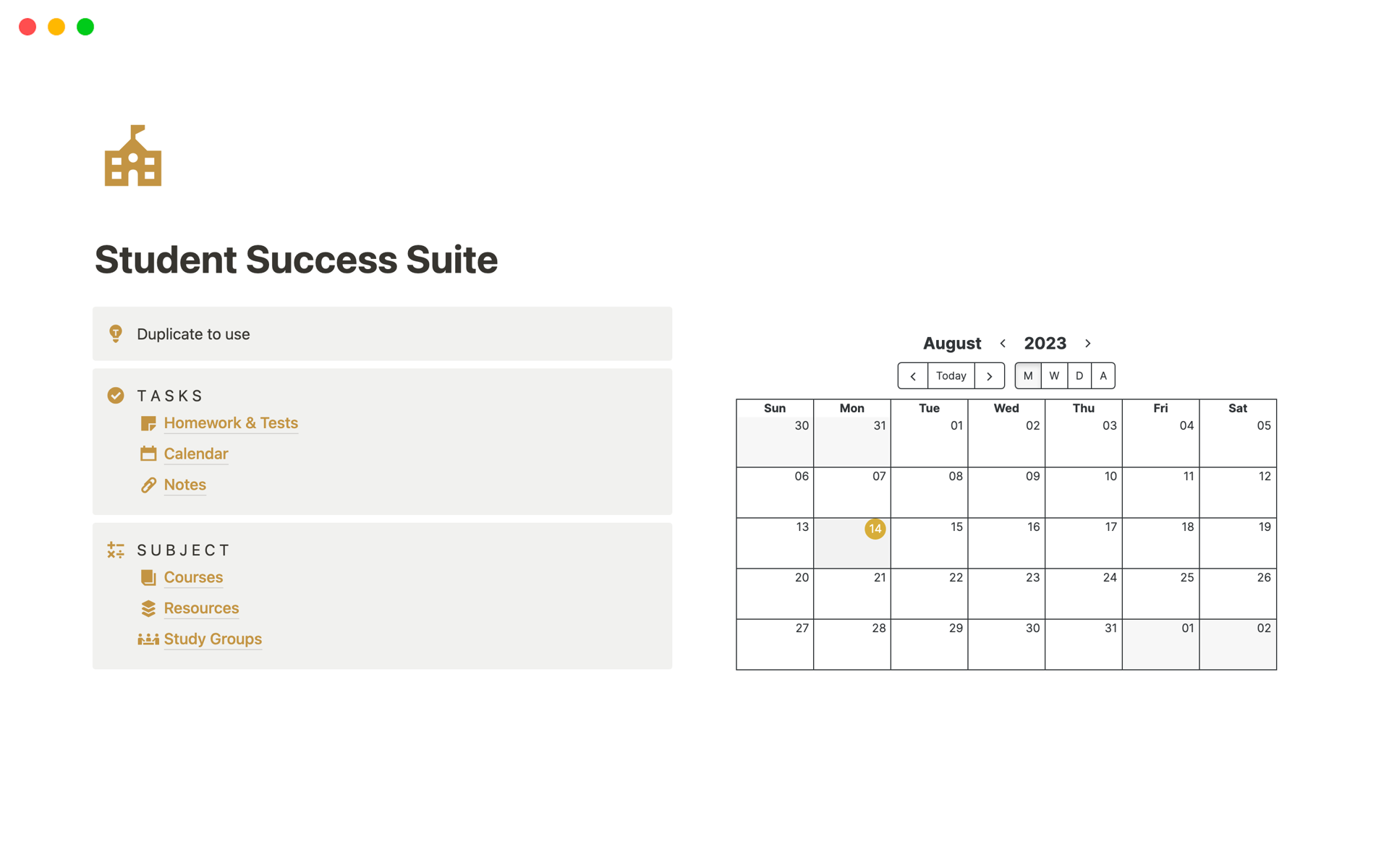 A template preview for Student Success Suite