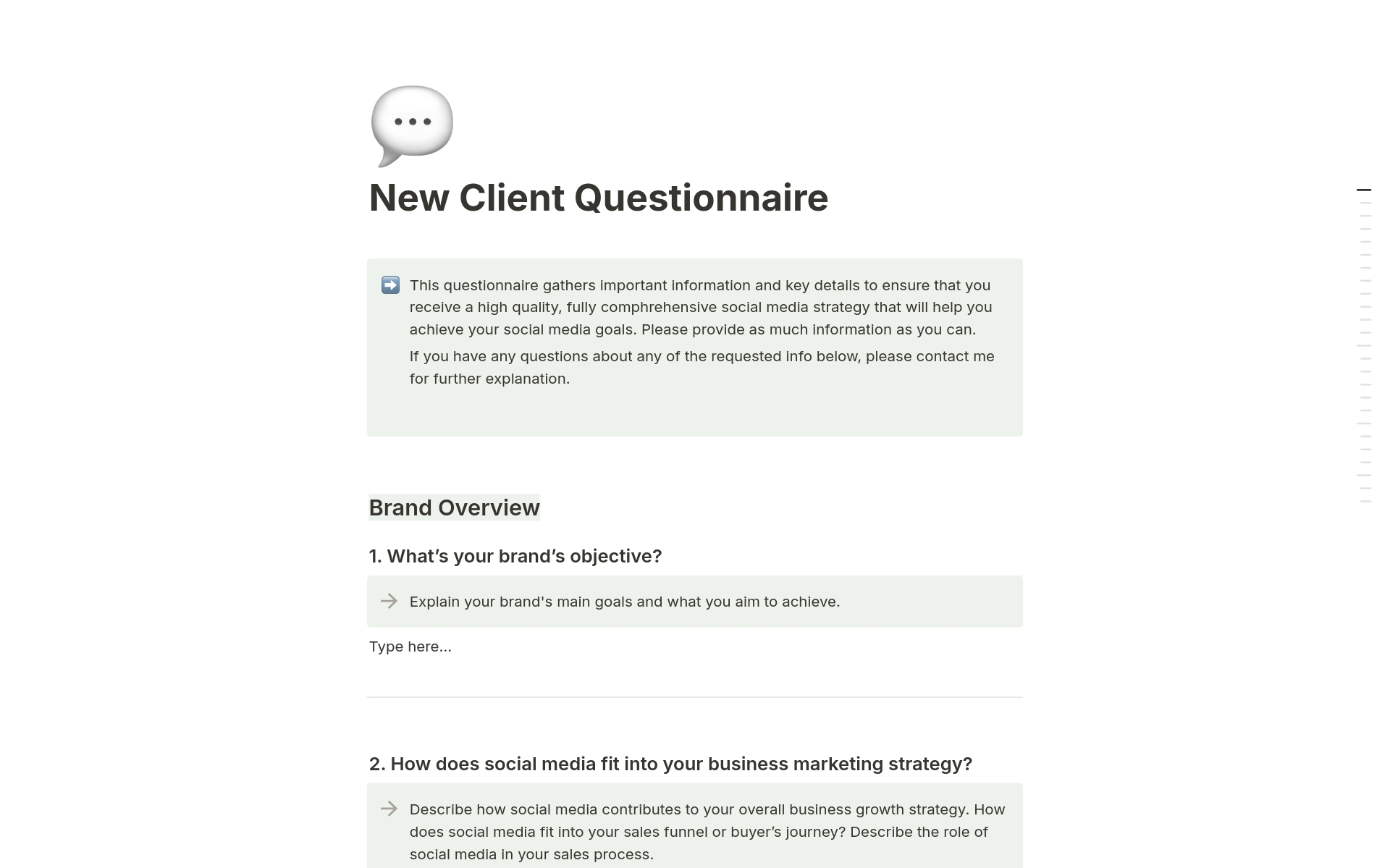 Streamline your client onboarding process with our comprehensive Client Questionnaire Template. Perfect for social media managers, digital freelancers and creators, this template helps you gather all the essential information to understand your client's needs and goals.