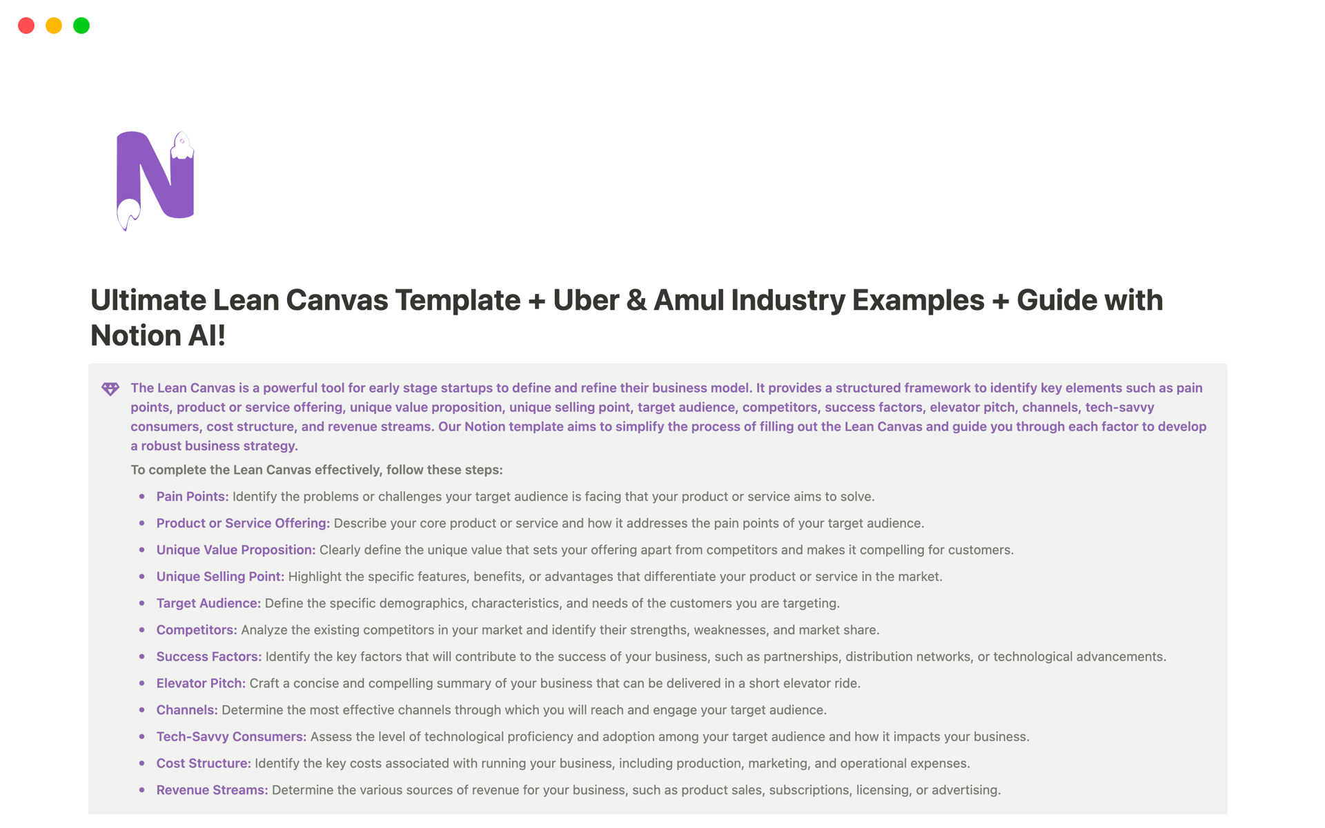 En förhandsgranskning av mallen för Ultimate Lean Canvas with examples of Uber & Amul