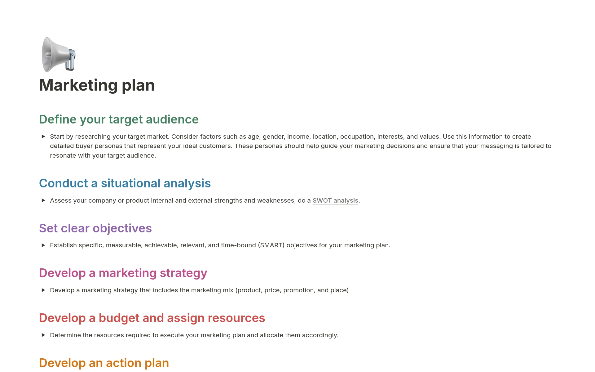 En förhandsgranskning av mallen för Marketing plan