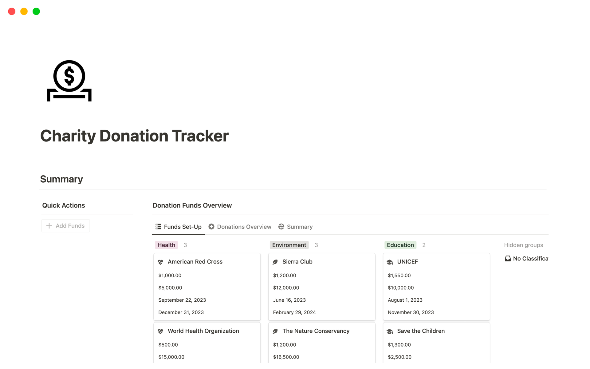 Eine Vorlagenvorschau für Charity Donation Tracker