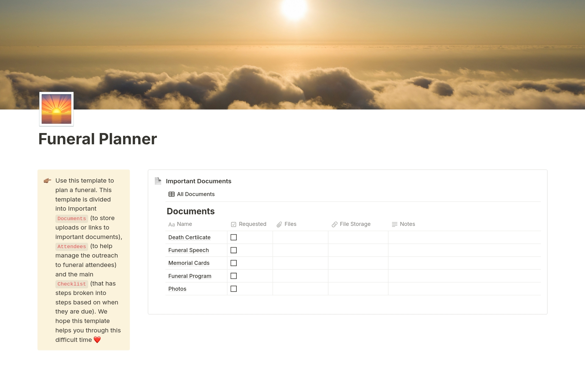 A template preview for Funeral Planner