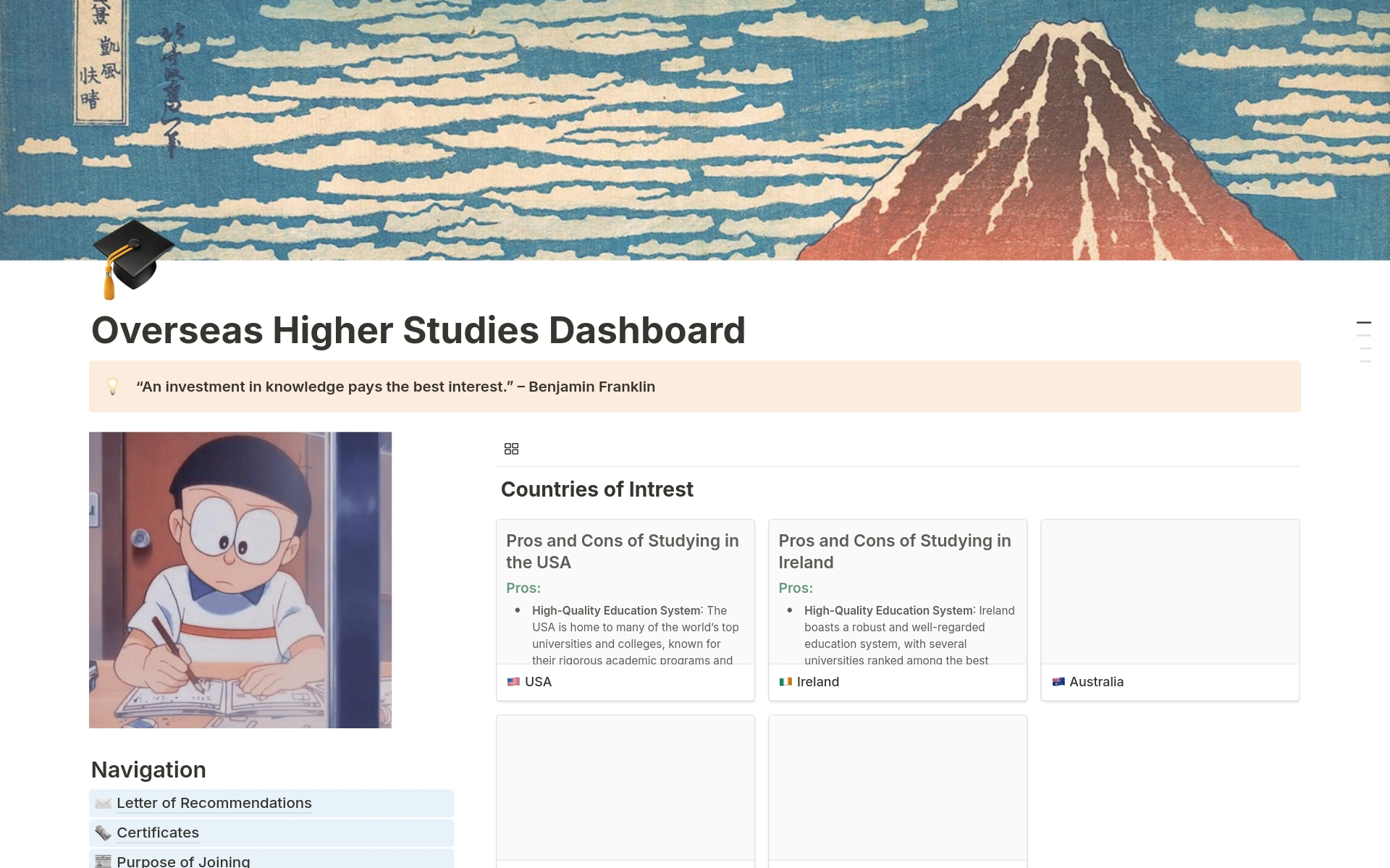 A template preview for Overseas higher studies dashboard
