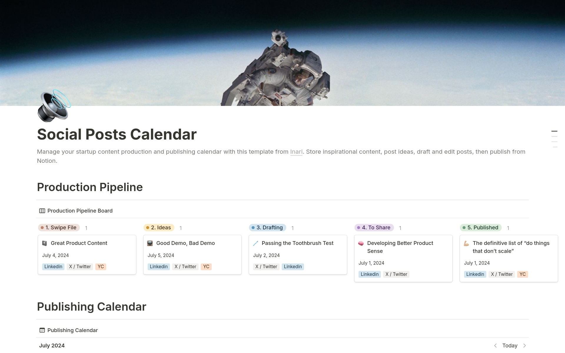 Manage your startup content product and publishing calendar with this template from Inari (S23). Store inspirational content, post ideas, draft and edit posts, then publish from Notion.