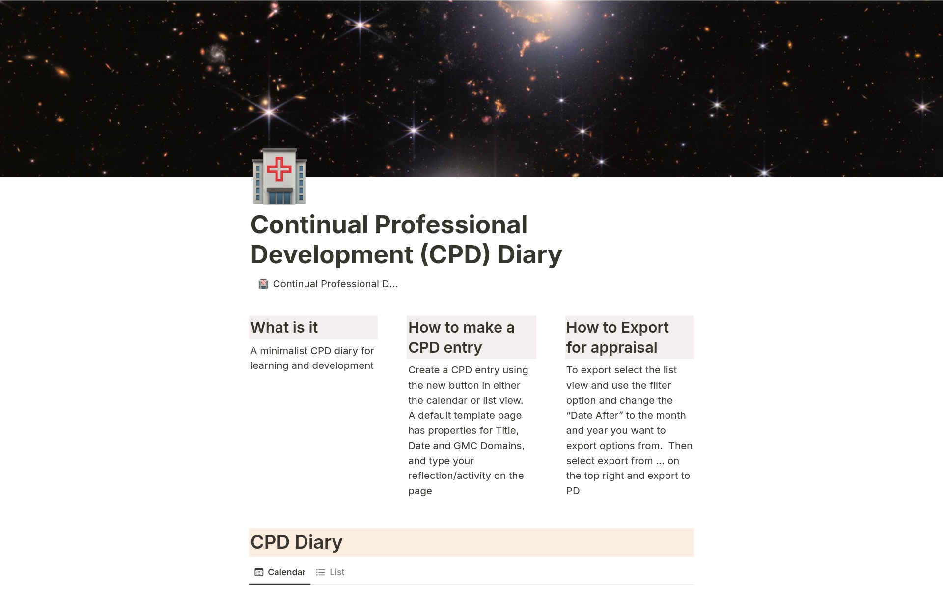 En forhåndsvisning av mal for Continuing Professional Development (CPD) Diary