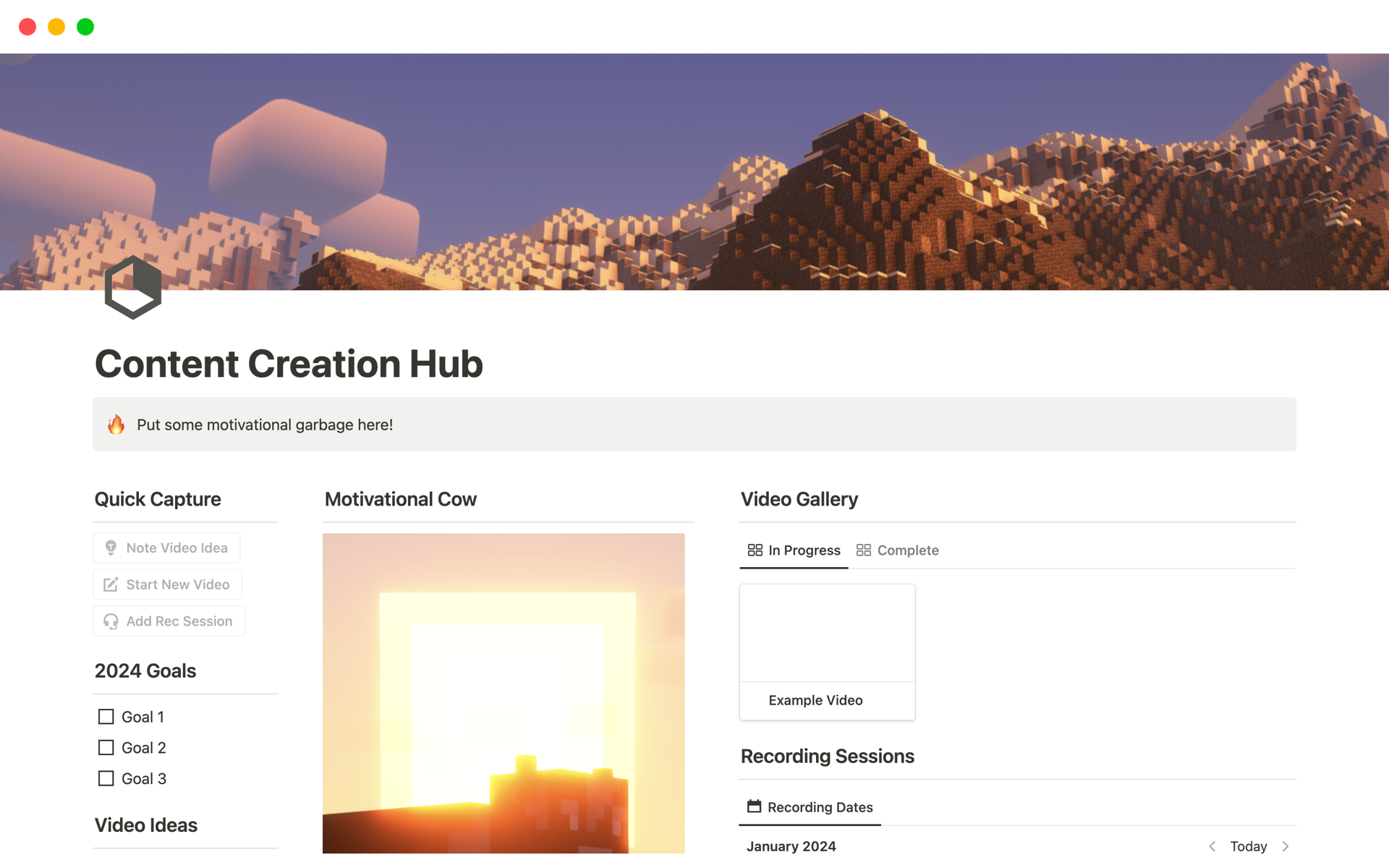 Vista previa de una plantilla para Content Creation Hub