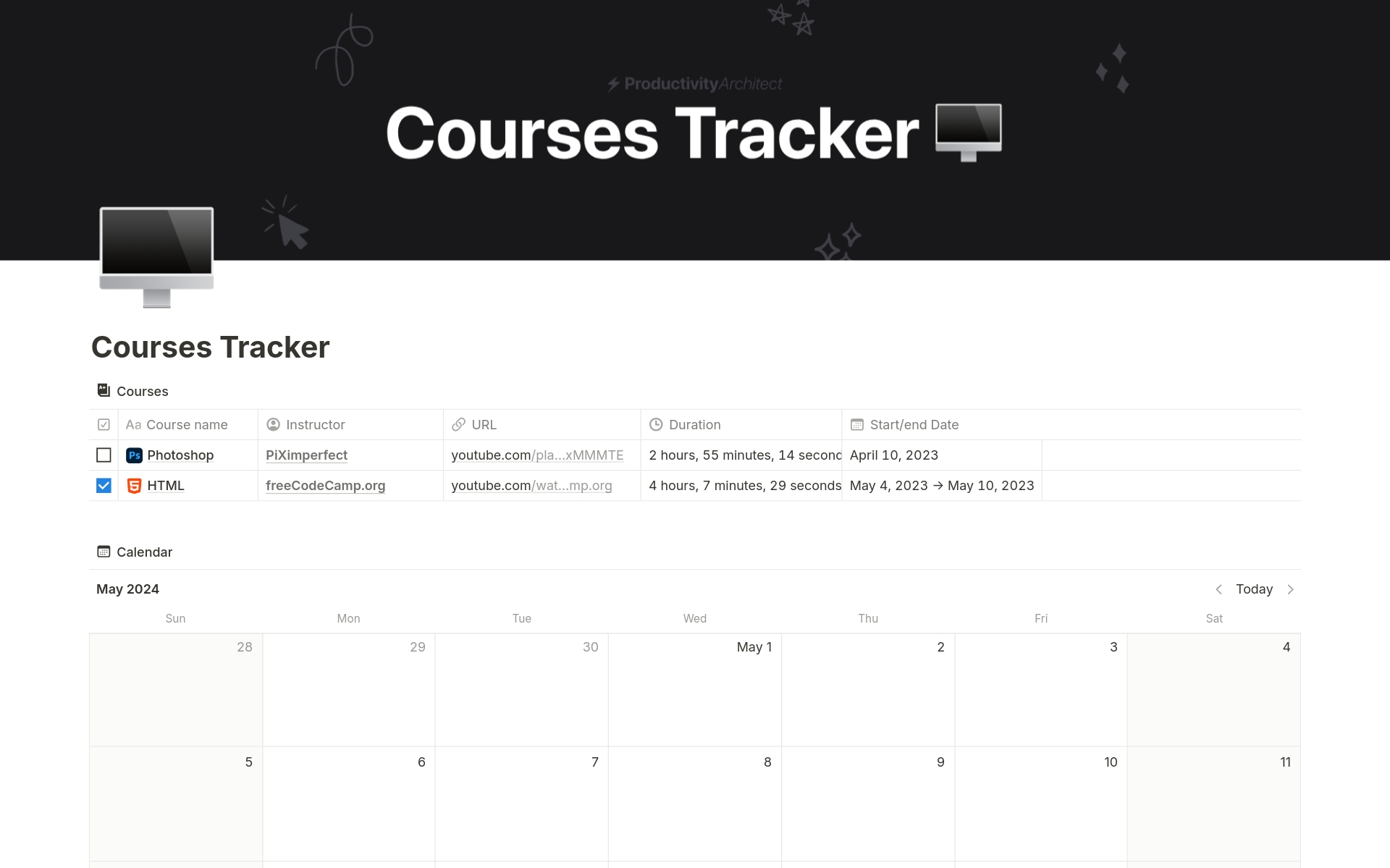 A template preview for Courses Tracker