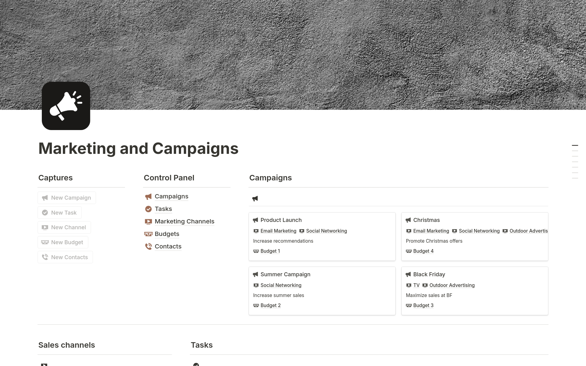A template preview for Marketing and Campaigns 