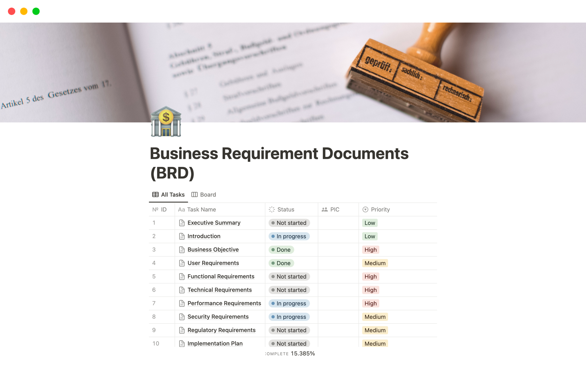 En forhåndsvisning av mal for Business Requirement Documents (BRD)