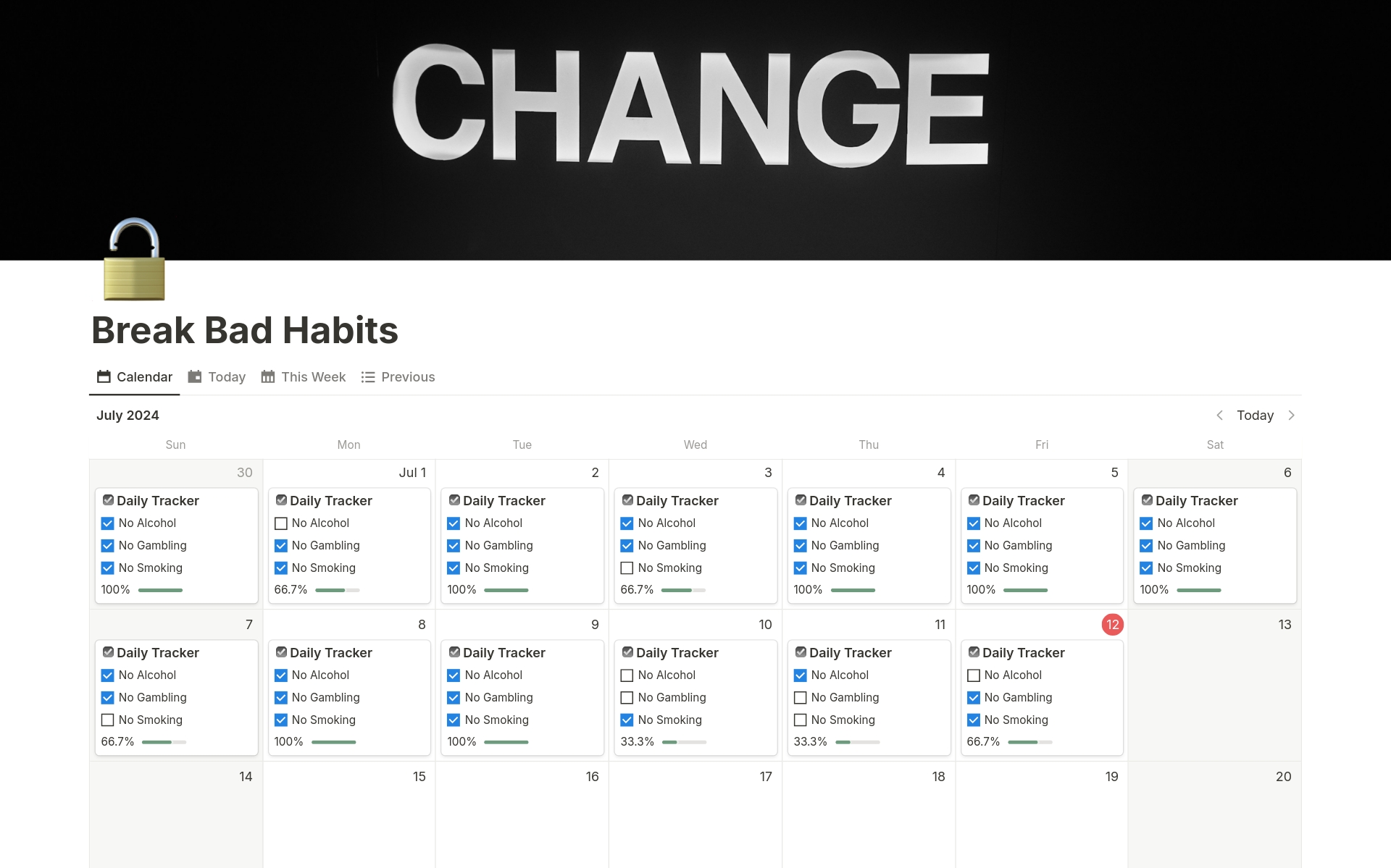 Take control and break free from bad habits with our Reversed Habit Tracker.
- Easily track your progress with a clear calendar.
- Stay focused with dedicated sections for today, this week, and previous days.
Leave your bad habits behind and start your transformation today.