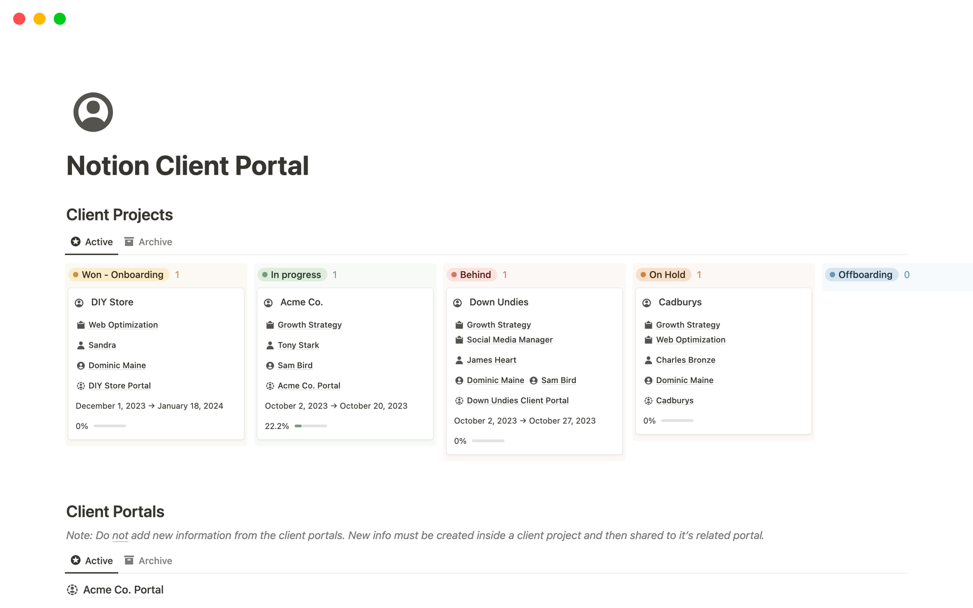 En forhåndsvisning av mal for Client Portal