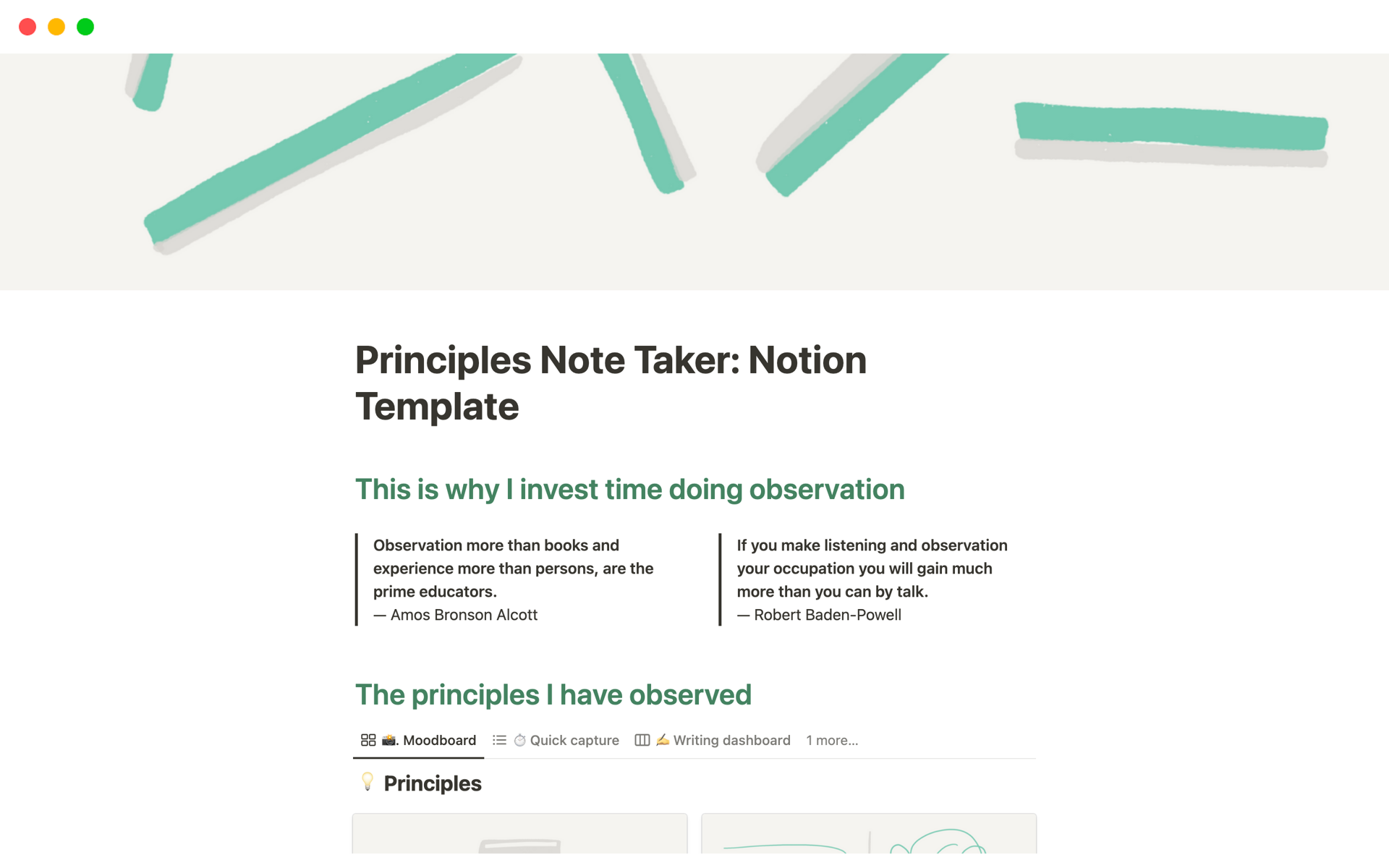 En förhandsgranskning av mallen för Principles Note Taker
