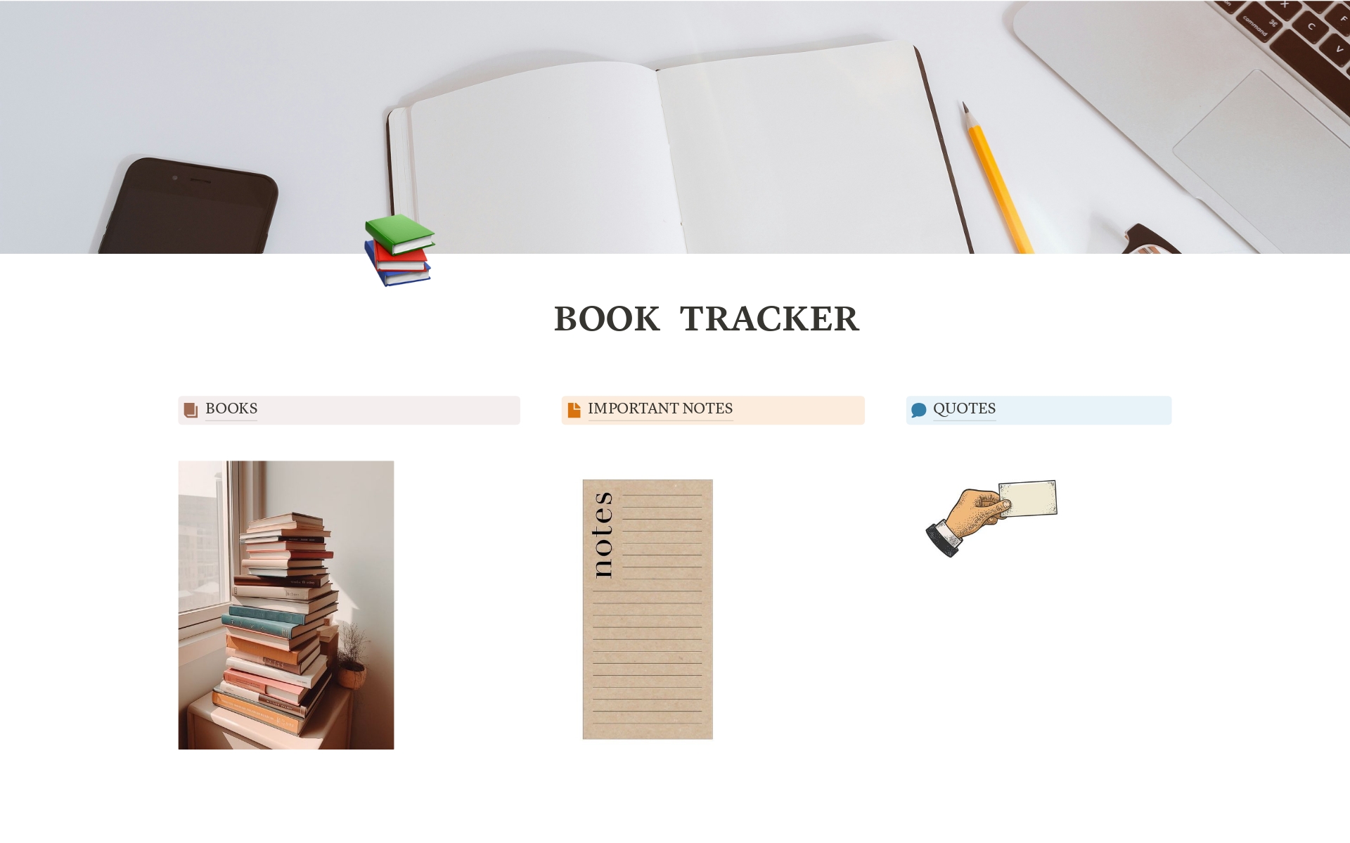 This aesthetic Book Tracking Template offers a catalog system to organize your books by time and date, note-taking sections to capture important insights, book-progress tracking tools, and a sleek design to greatly enhance your book reading experience.