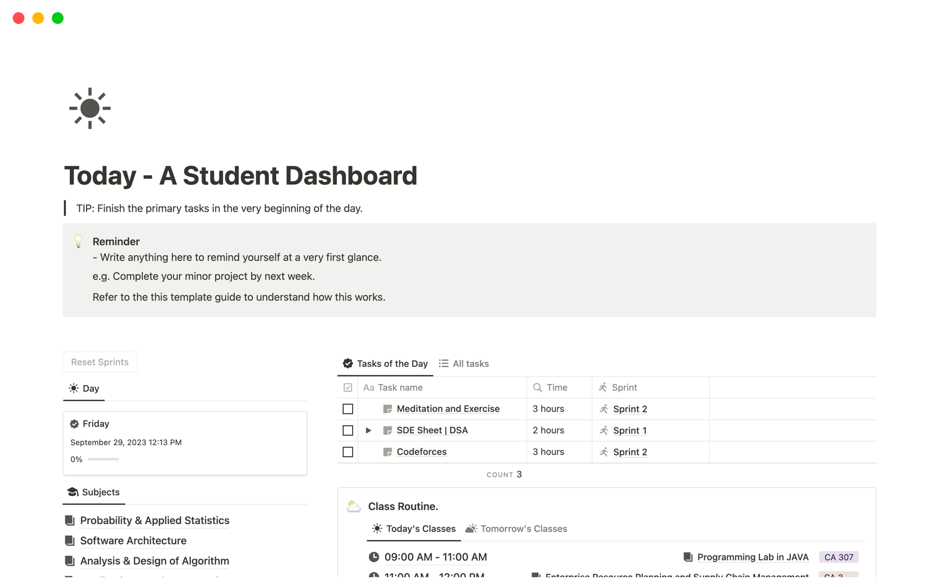 En förhandsgranskning av mallen för Today - A Student Dashboard